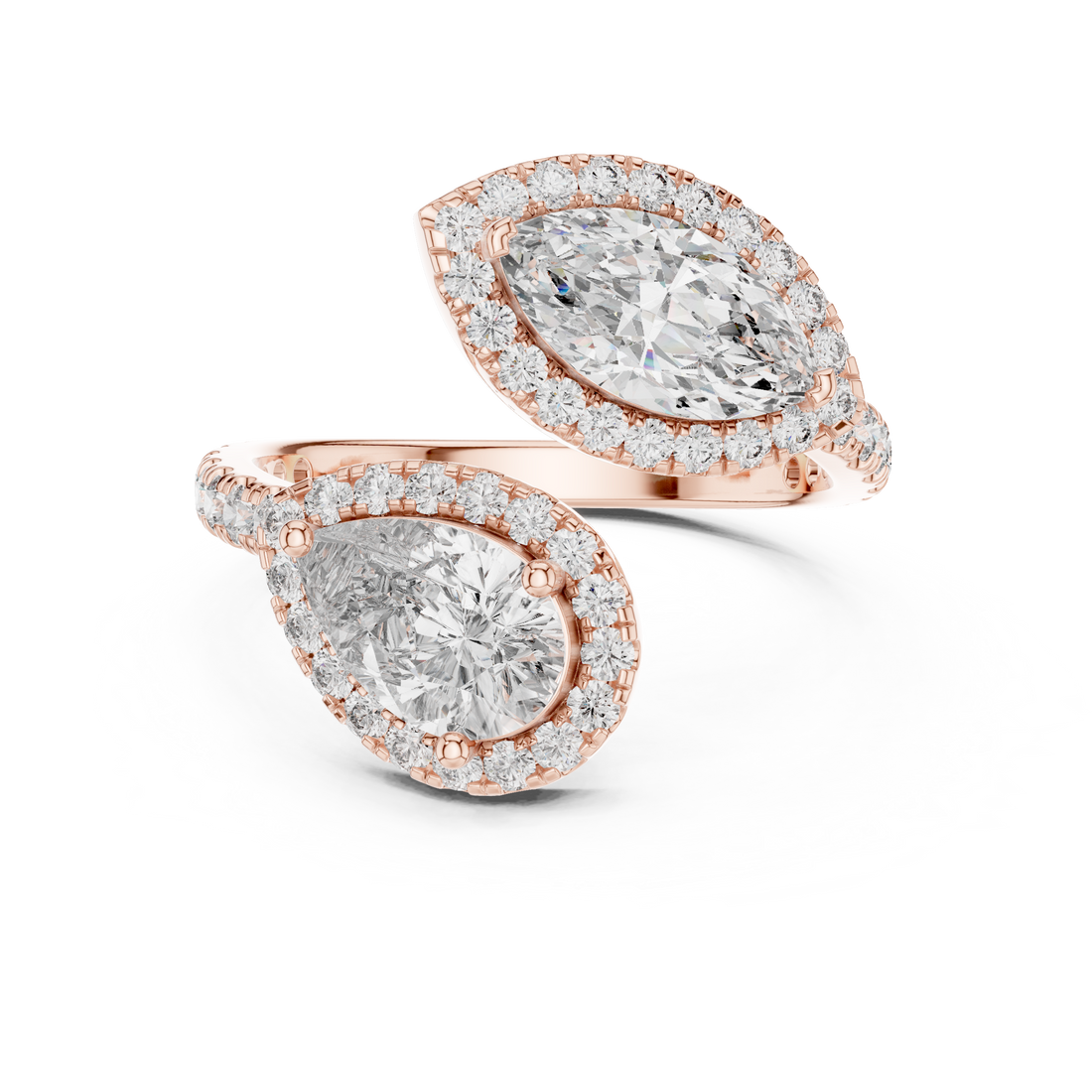 Pear and Marquise Cut Diamond Toi et Moi Halo Bypass Ring