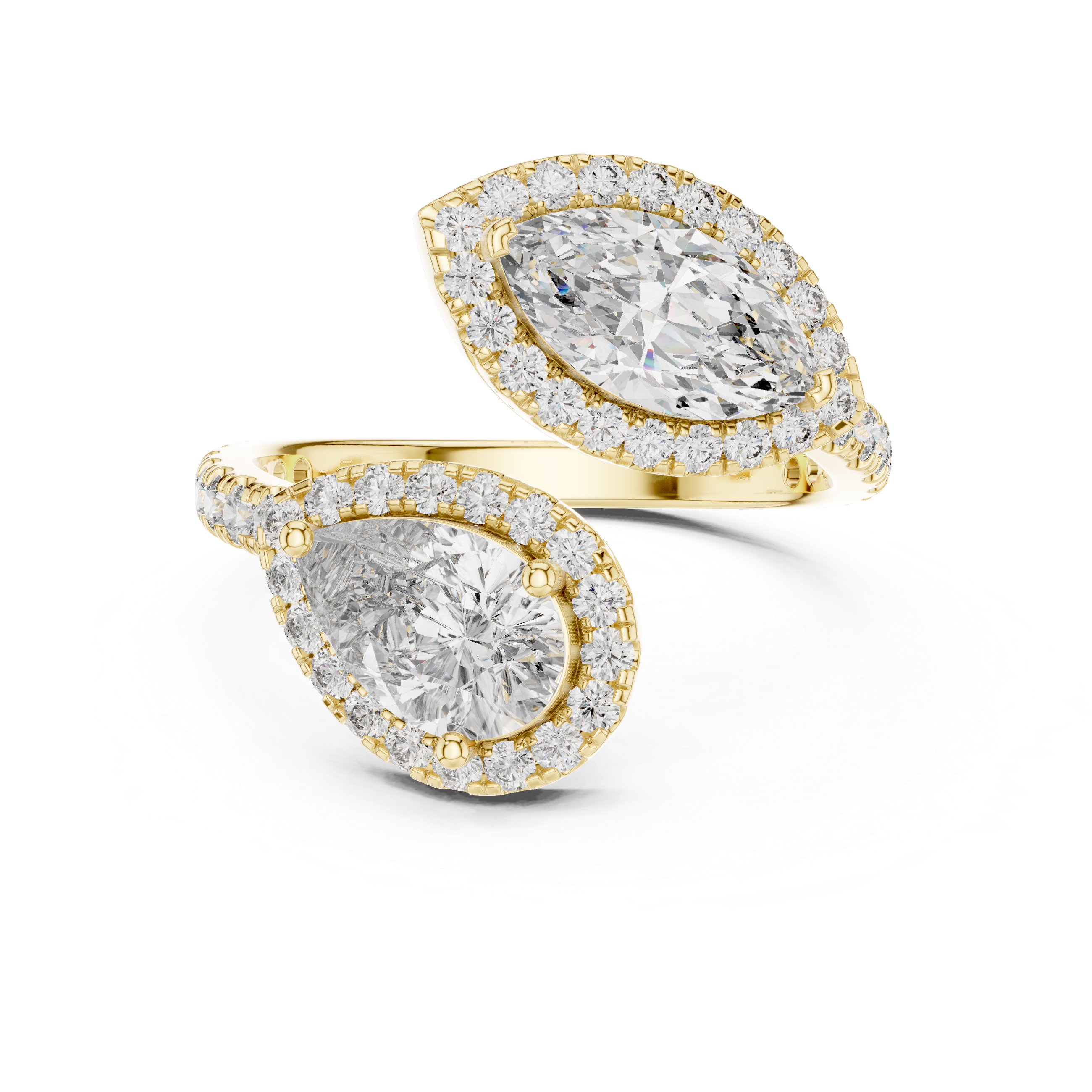 Pear and Marquise Cut Diamond Toi et Moi Halo Bypass Ring