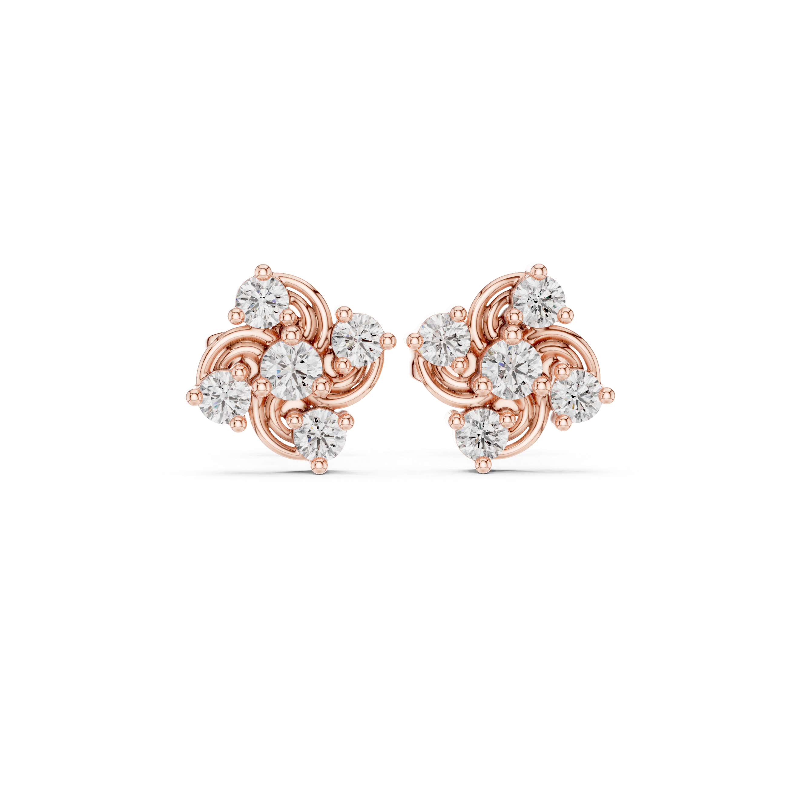 Round Cut Diamond Swirled Floral Cluster Stud Earrings in Collet Setting