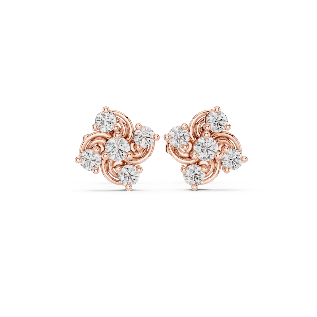 Round Cut Diamond Swirled Floral Cluster Stud Earrings in Collet Setting