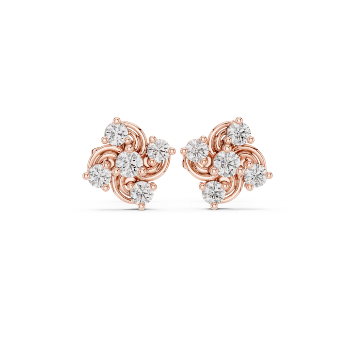 Round Cut Diamond Swirled Floral Cluster Stud Earrings in Collet Setting