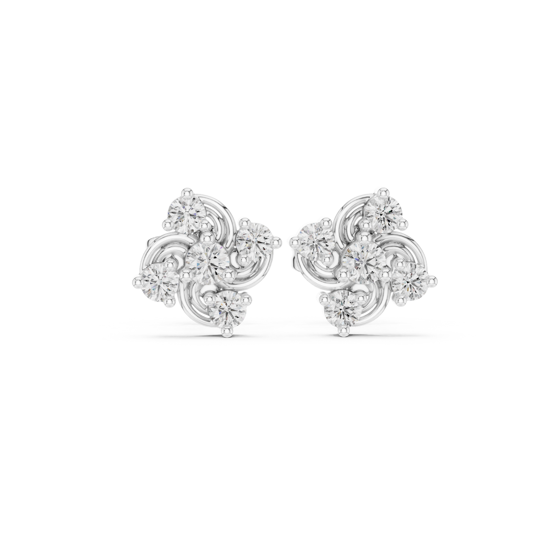 Round Cut Diamond Swirled Floral Cluster Stud Earrings in Collet Setting