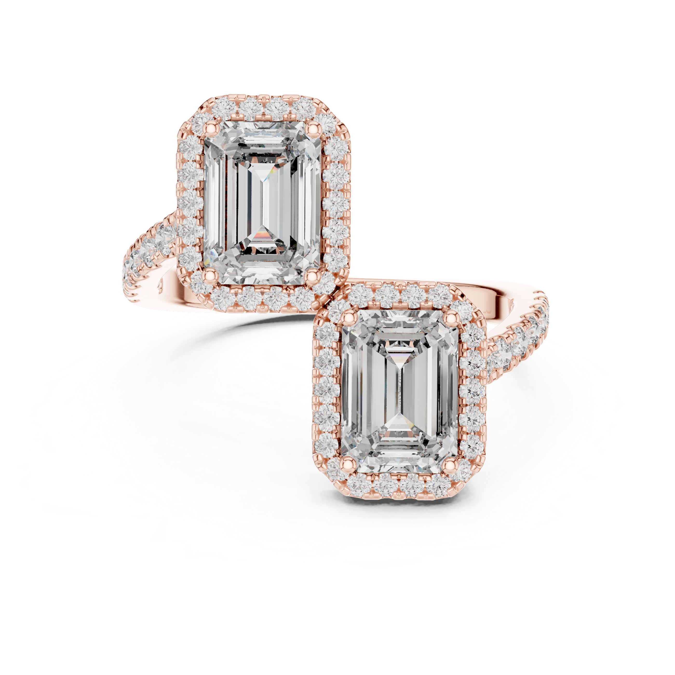 Emerald Cut Diamond Toi et Moi Halo Bypass Ring