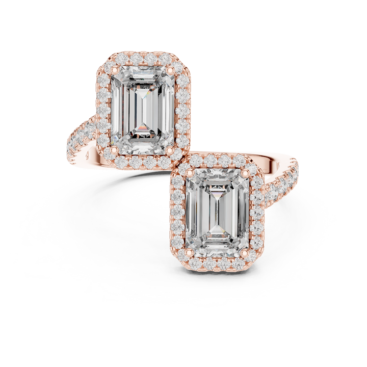 Emerald Cut Diamond Toi et Moi Halo Bypass Ring