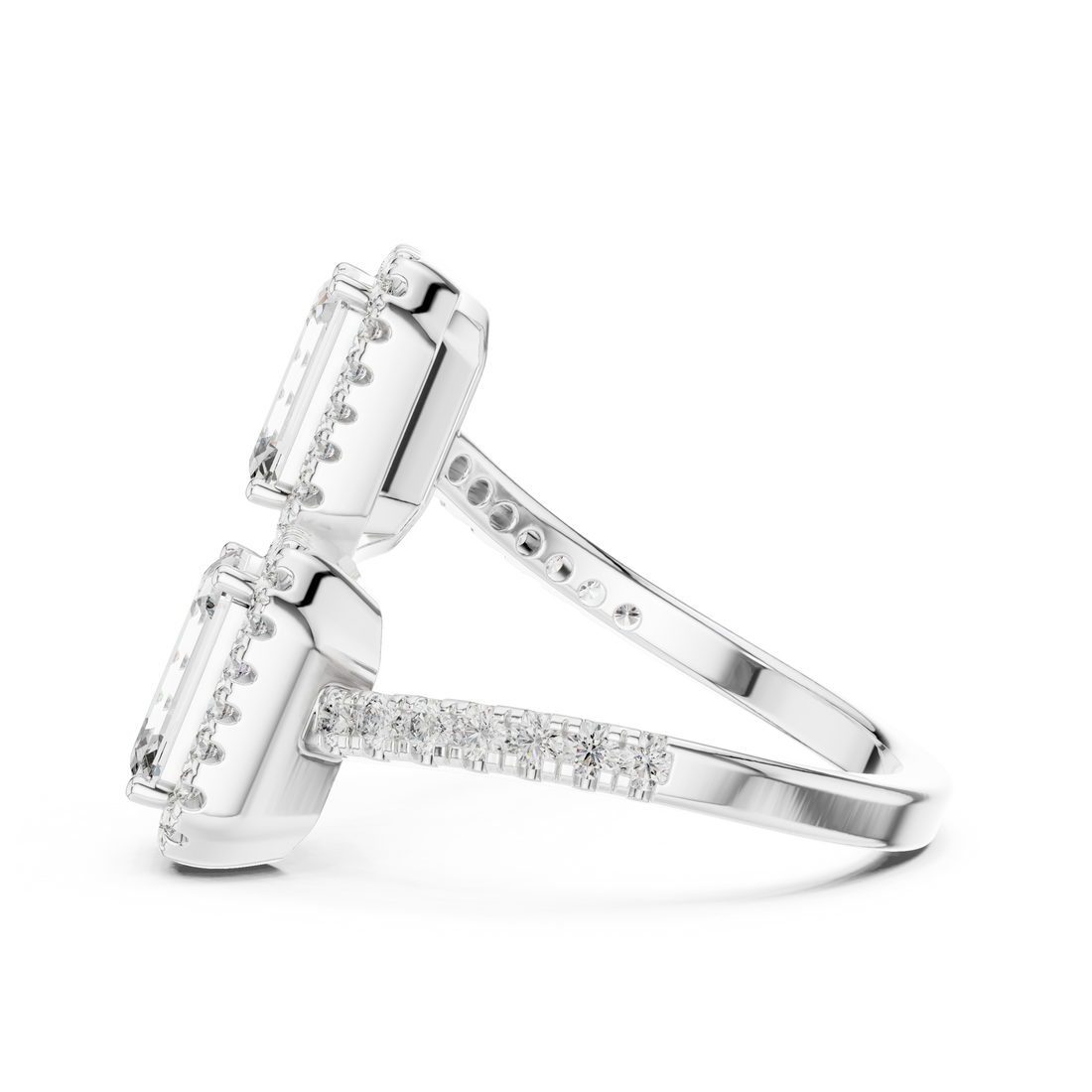 Emerald Cut Diamond Toi et Moi Halo Bypass Ring