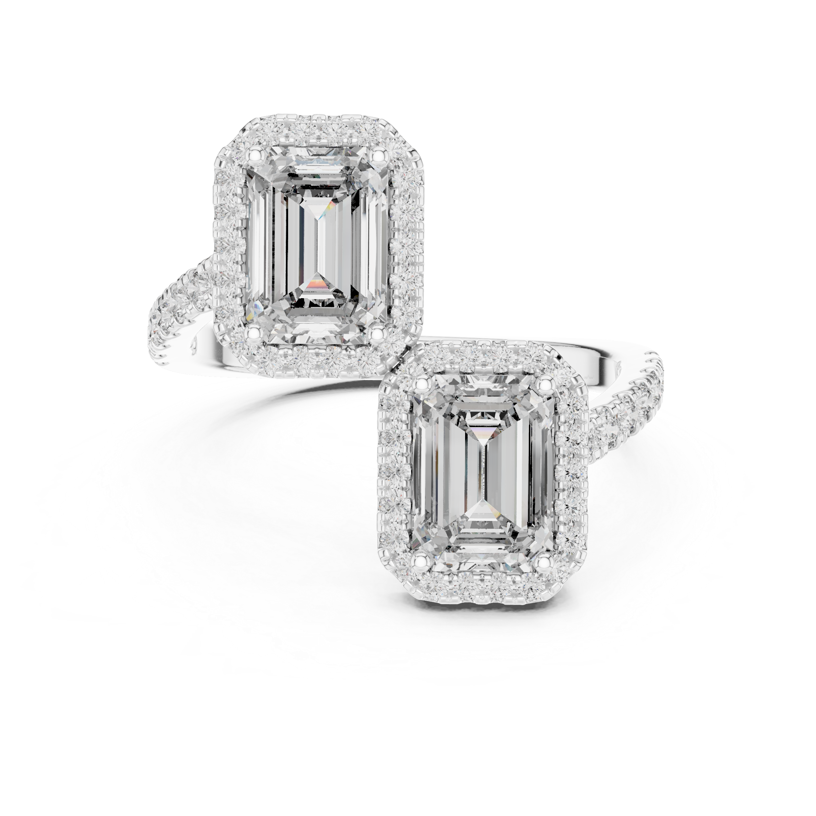 Emerald Cut Diamond Toi et Moi Halo Bypass Ring