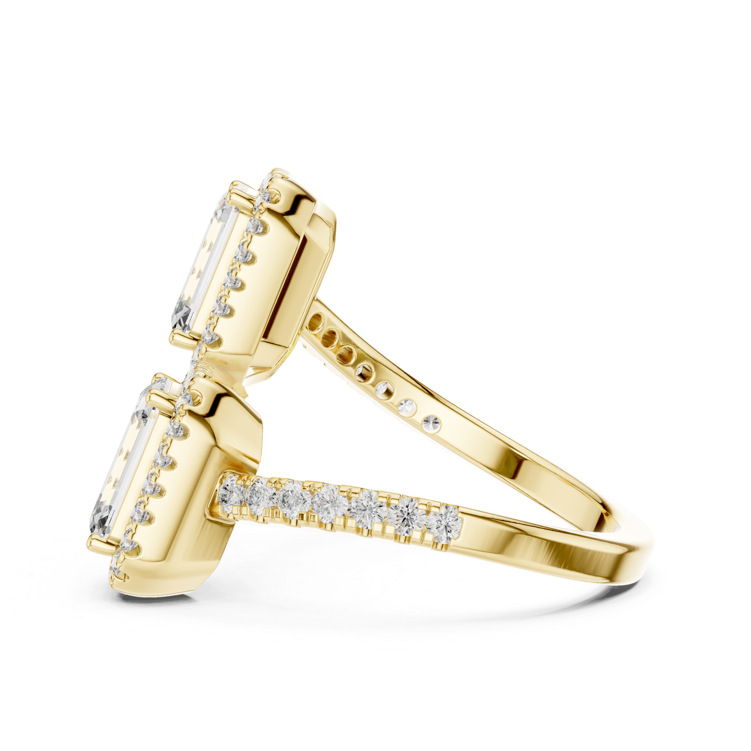 Emerald Cut Diamond Toi et Moi Halo Bypass Ring