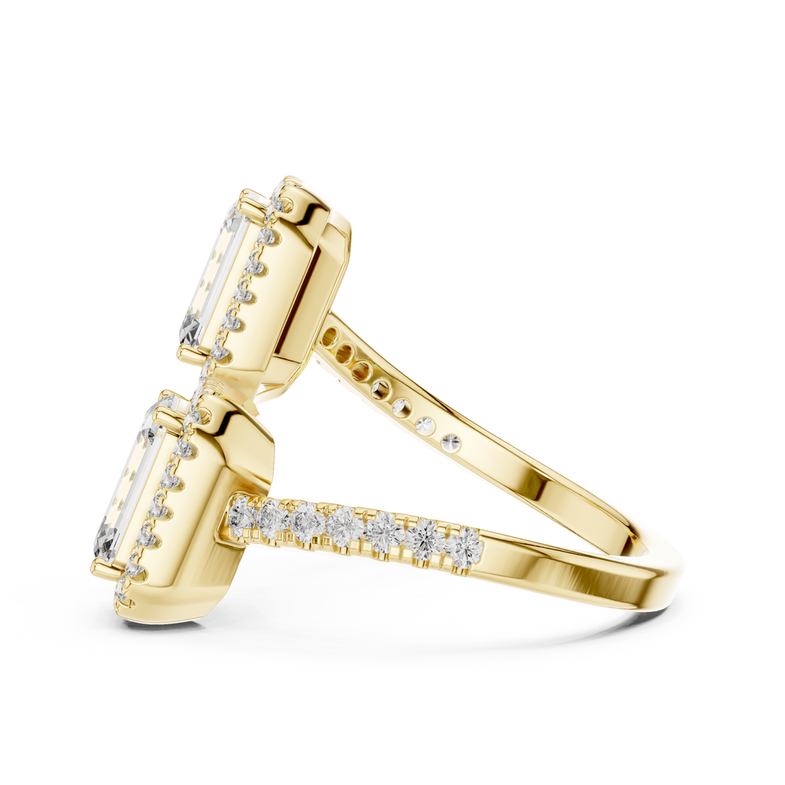 Emerald Cut Diamond Toi et Moi Halo Bypass Ring