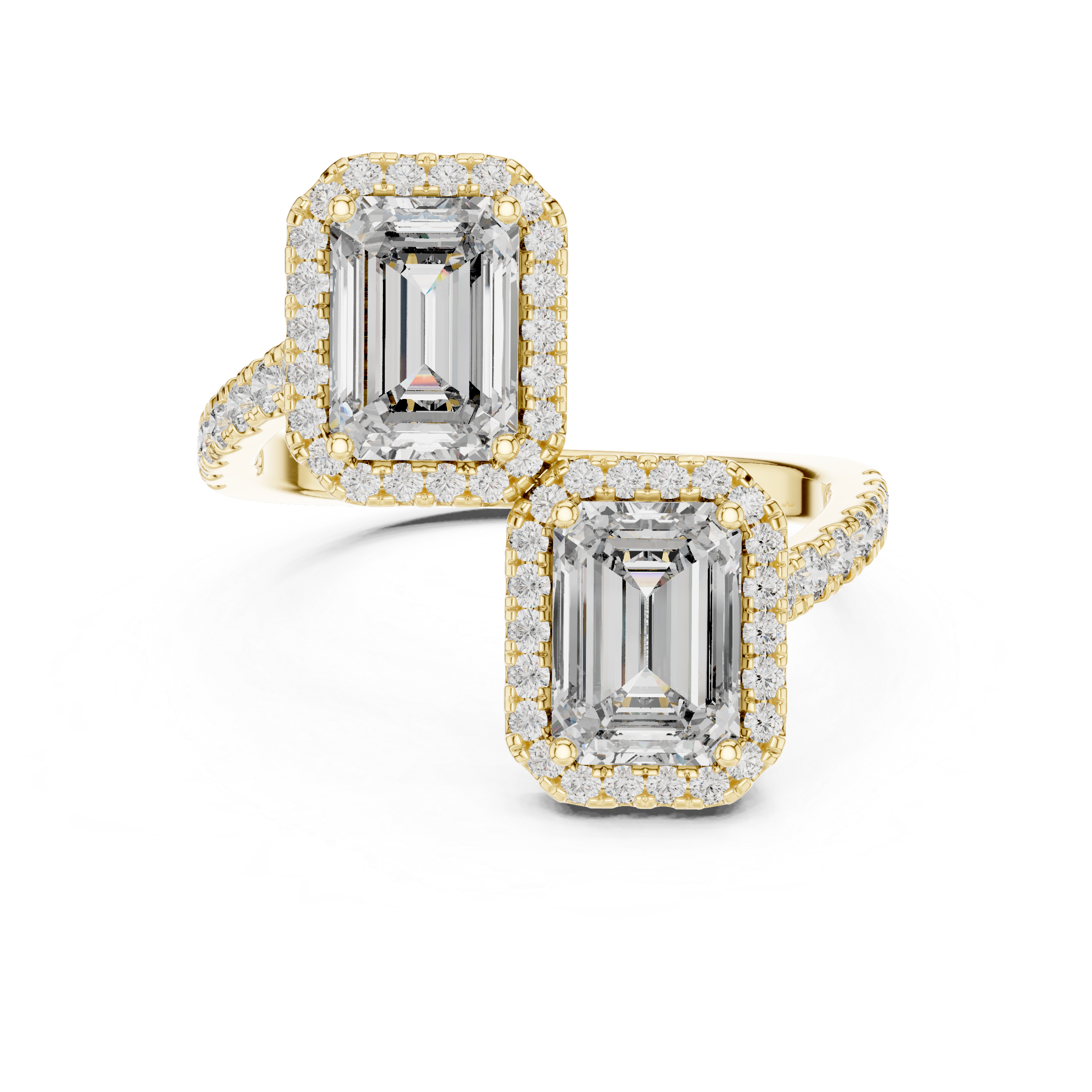 Emerald Cut Diamond Toi et Moi Halo Bypass Ring