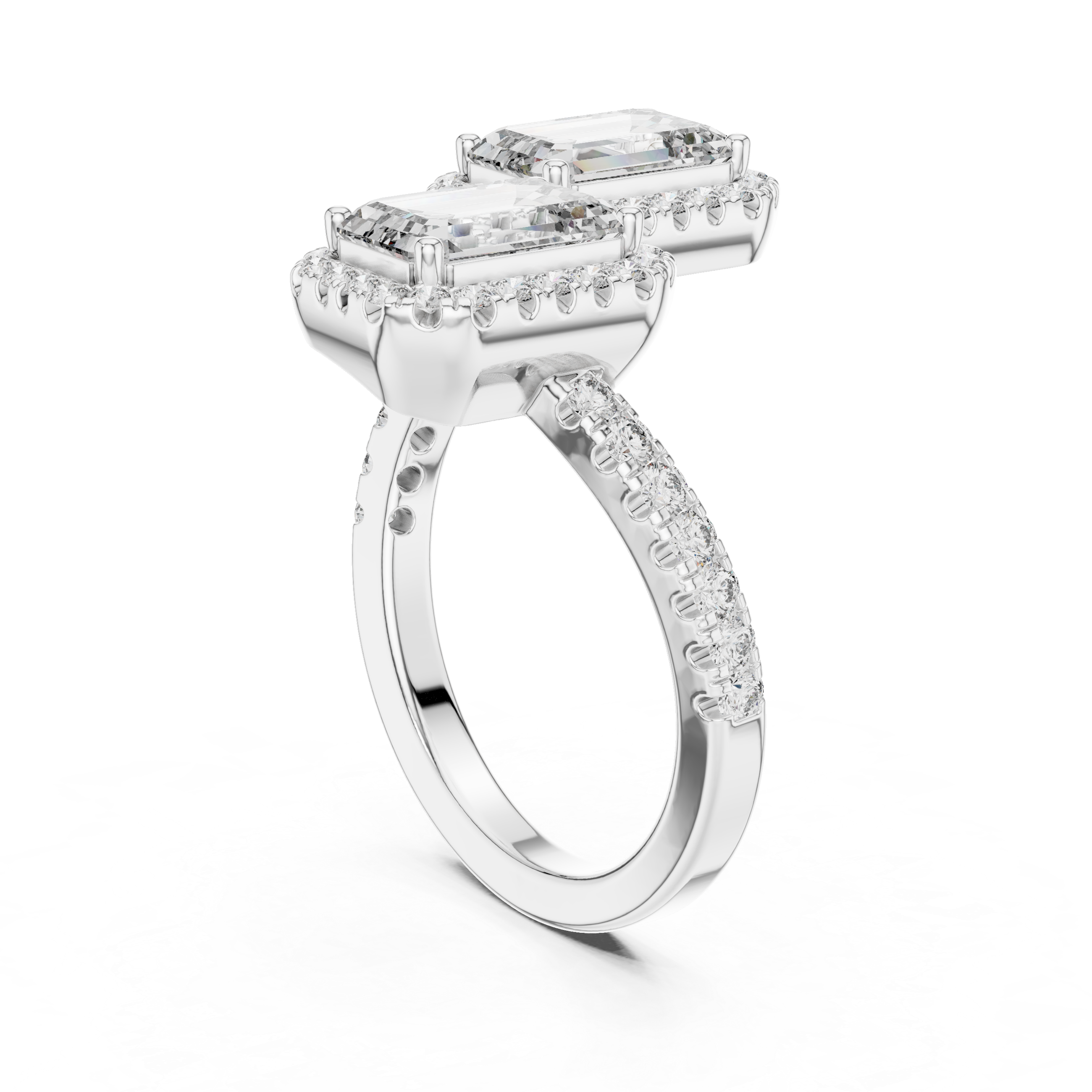 Emerald Cut Diamond Toi et Moi Halo Bypass Ring