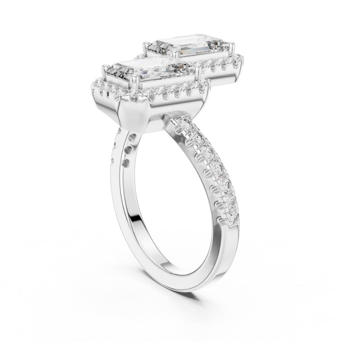 Emerald Cut Diamond Toi et Moi Halo Bypass Ring
