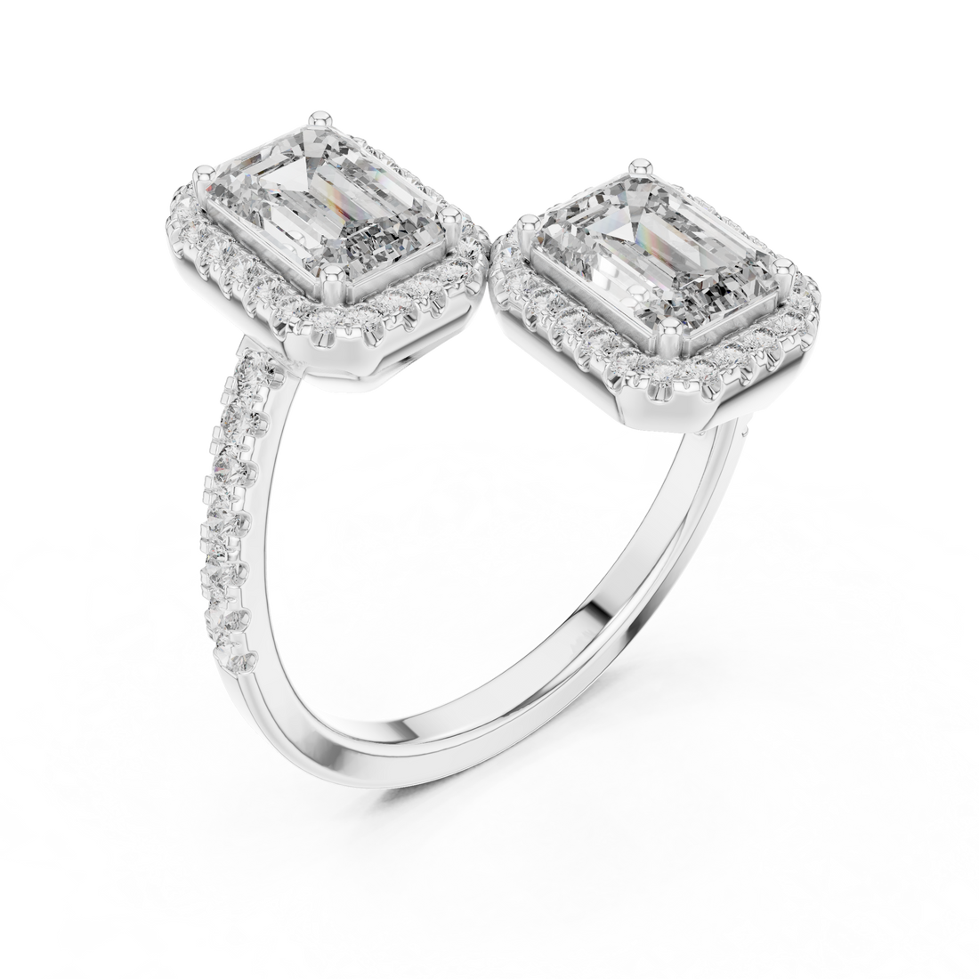 Emerald Cut Diamond Toi et Moi Halo Bypass Ring