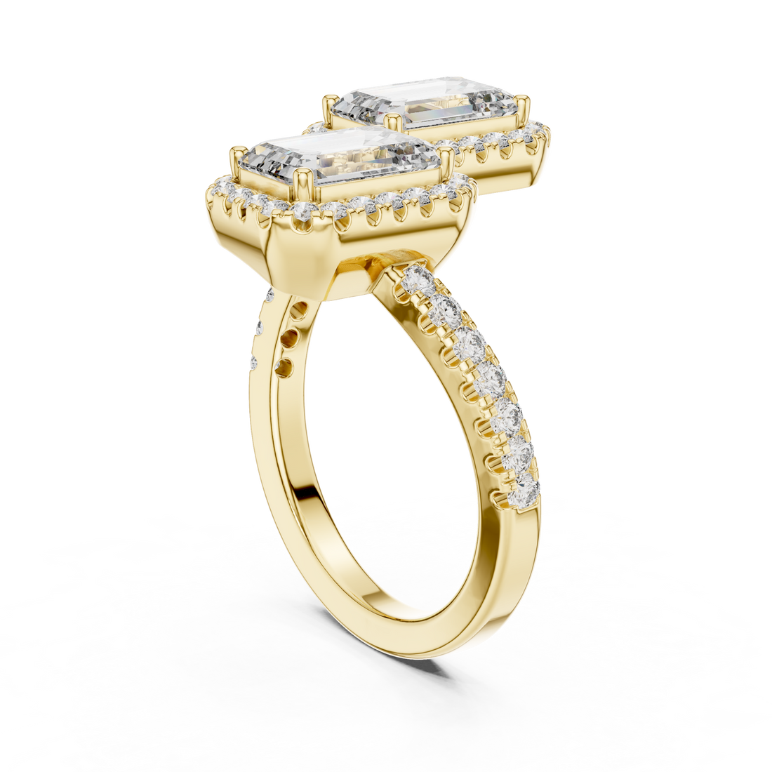 Emerald Cut Diamond Toi et Moi Halo Bypass Ring