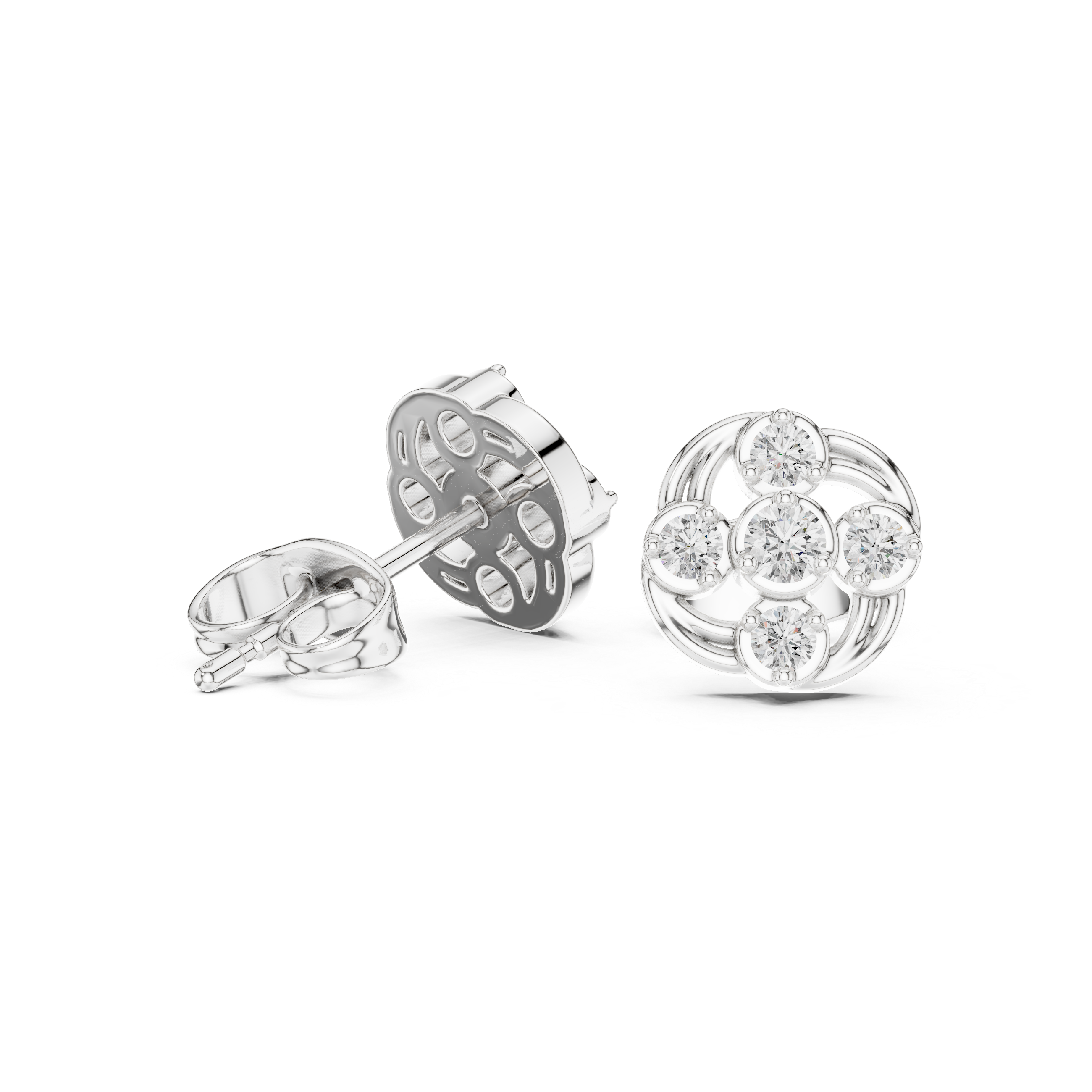 Round Cut Diamond Petite Swirled Cluster Stud Earrings with Collet Setting