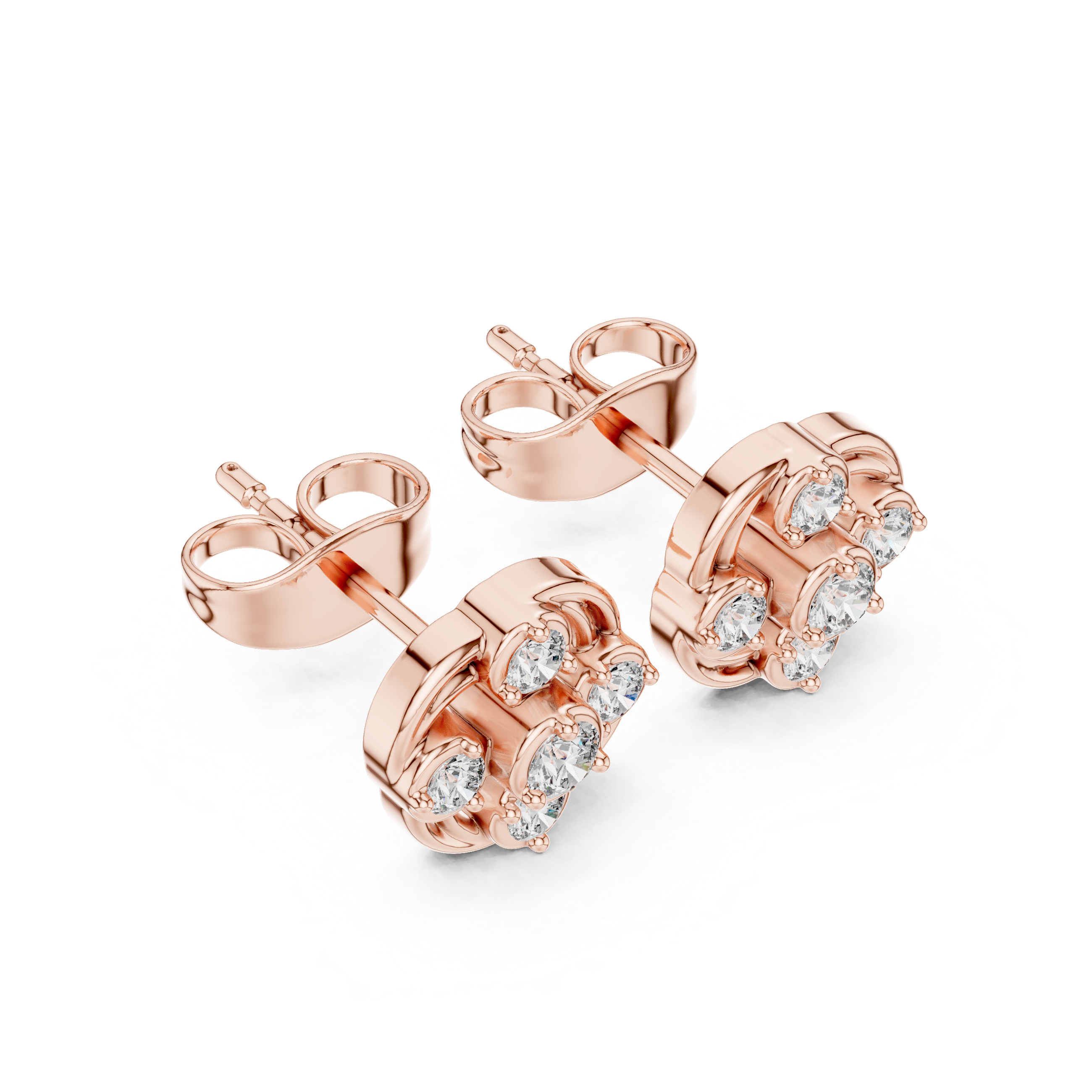 Round Cut Diamond Petite Swirled Cluster Stud Earrings with Collet Setting