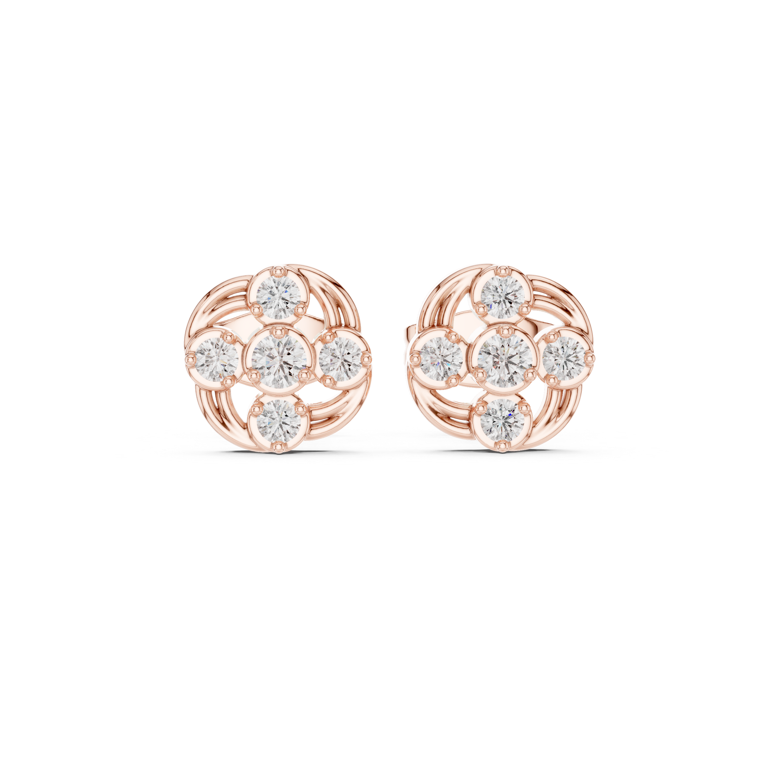 Round Cut Diamond Petite Swirled Cluster Stud Earrings with Collet Setting