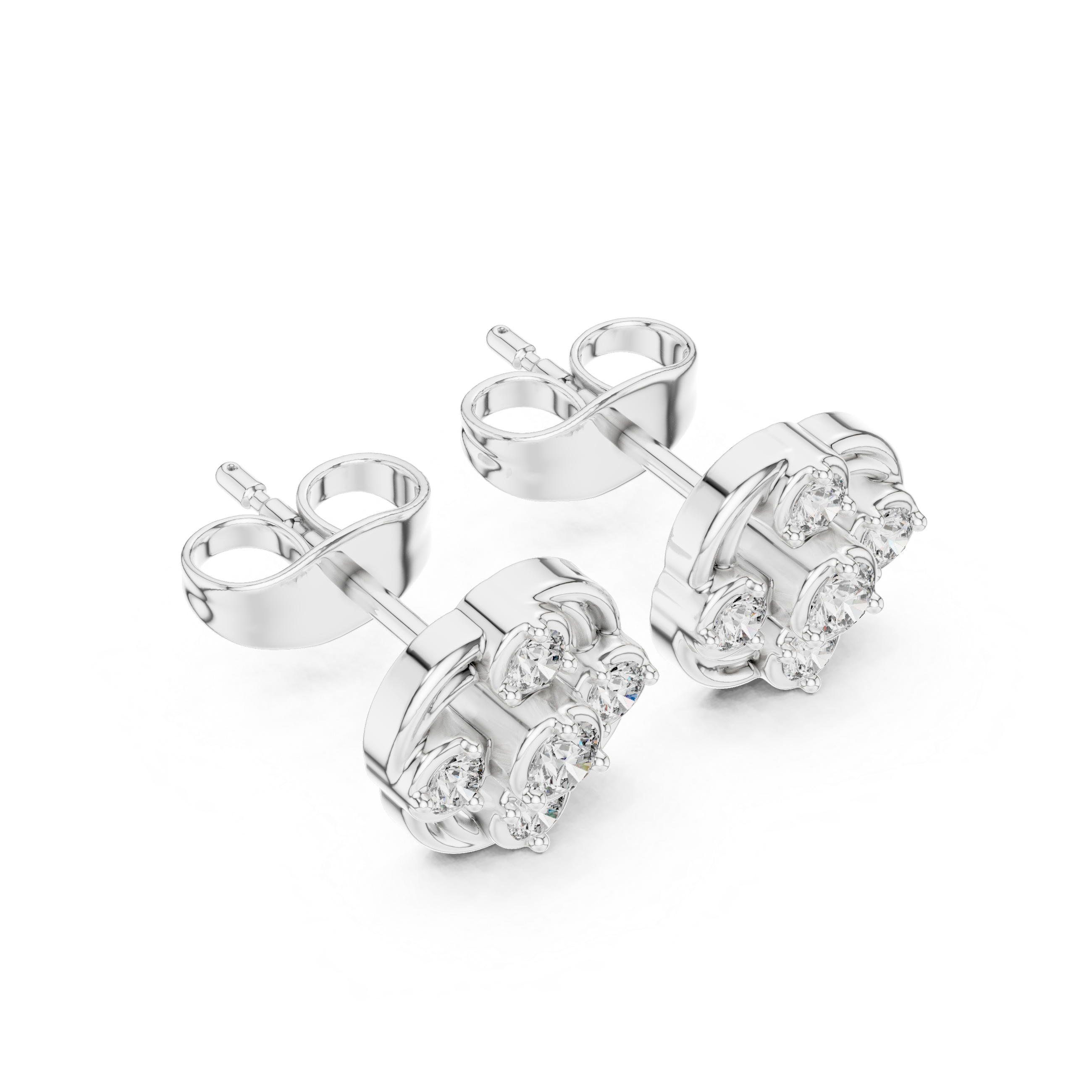 Round Cut Diamond Petite Swirled Cluster Stud Earrings with Collet Setting