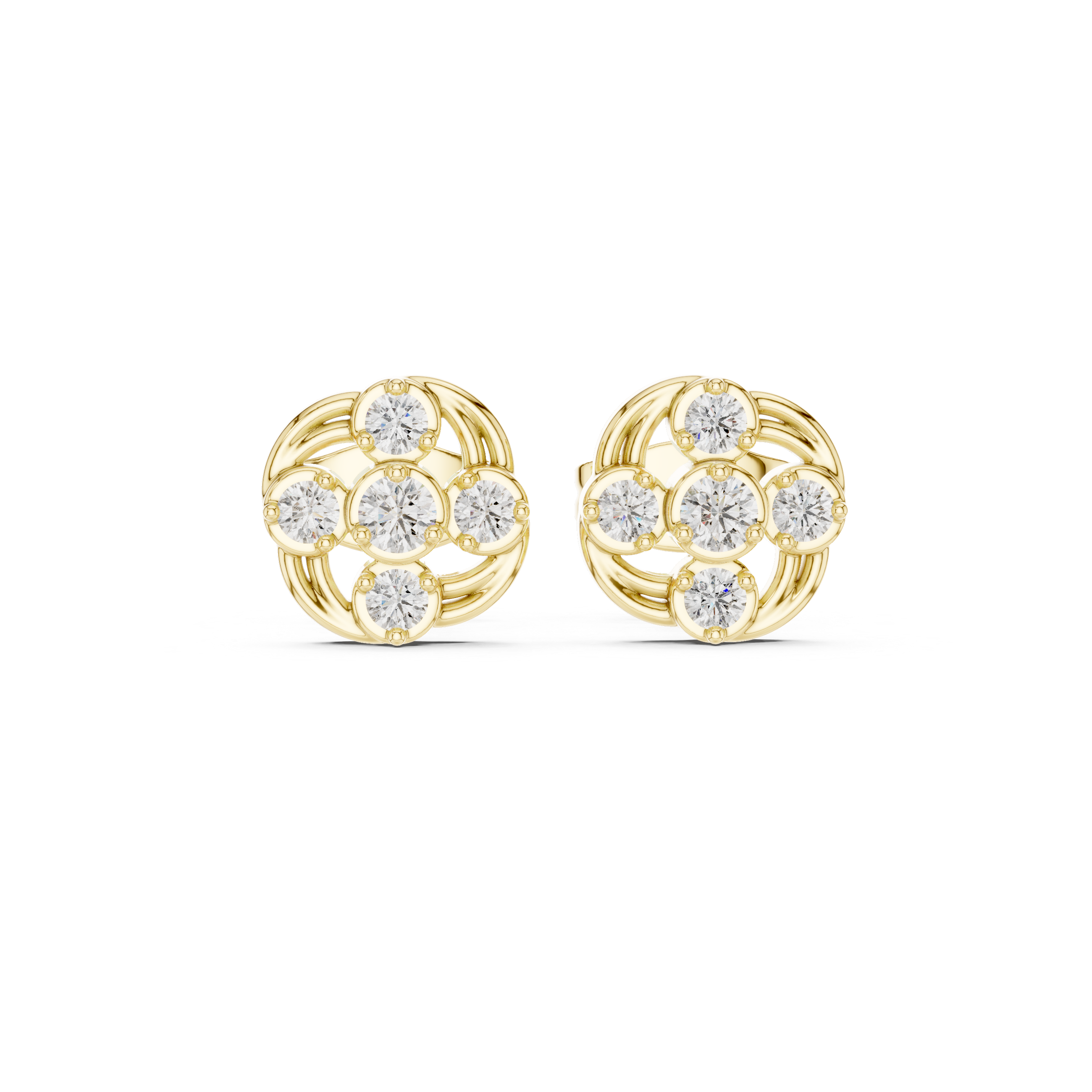 Round Cut Diamond Petite Swirled Cluster Stud Earrings with Collet Setting