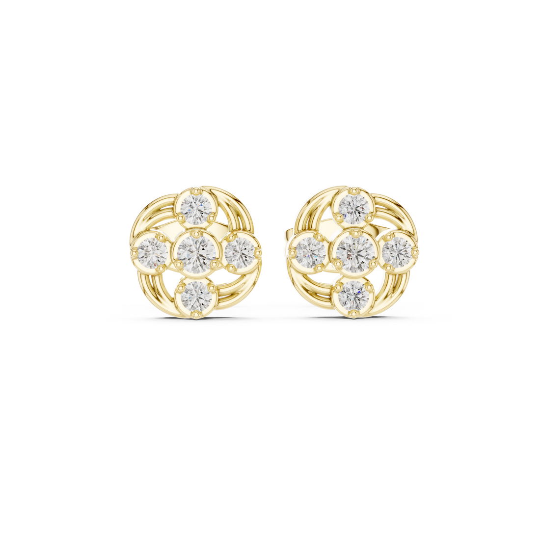 Round Cut Diamond Petite Swirled Cluster Stud Earrings with Collet Setting