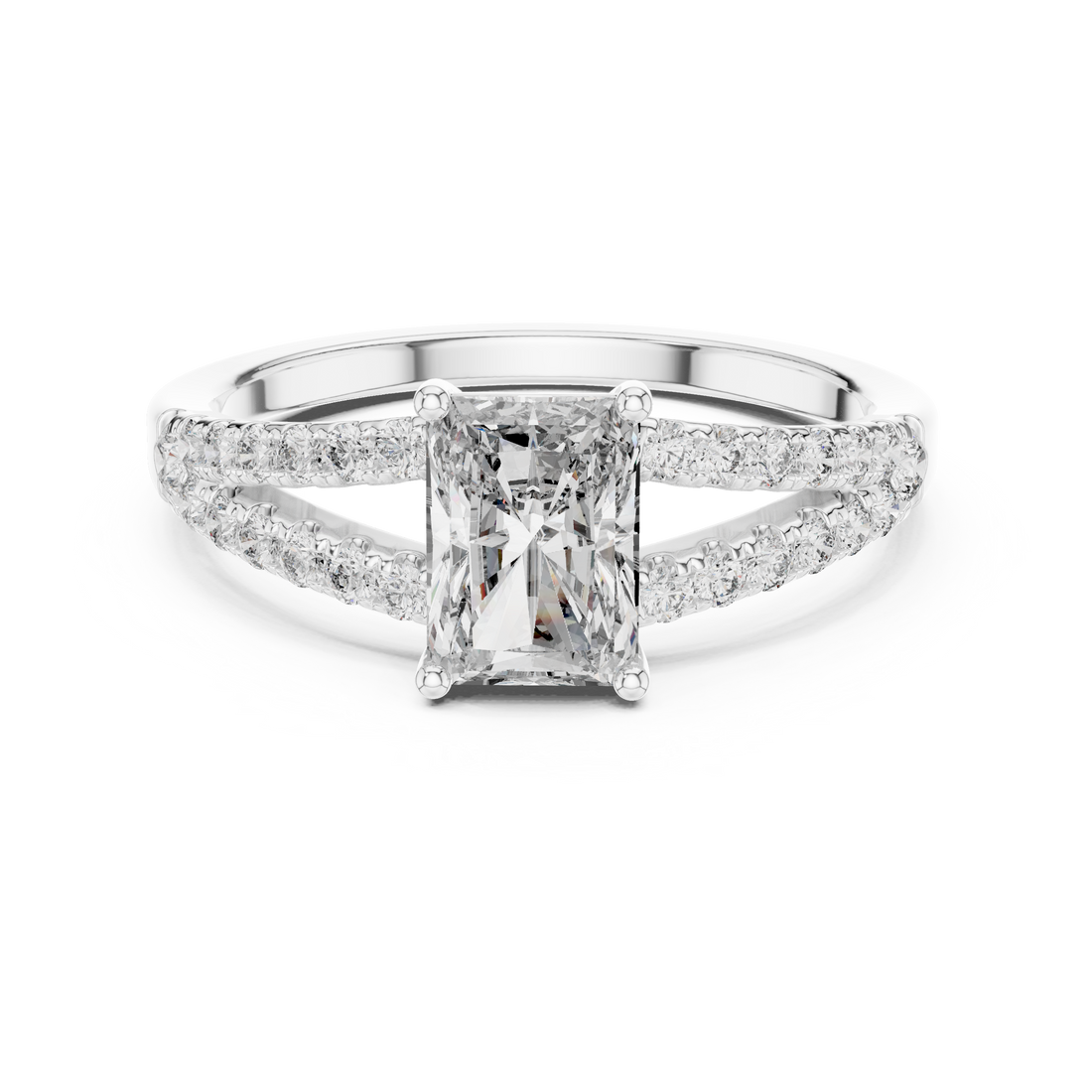 Radiant Cut Diamond Solitaire Ring with Split Shank Side Stones