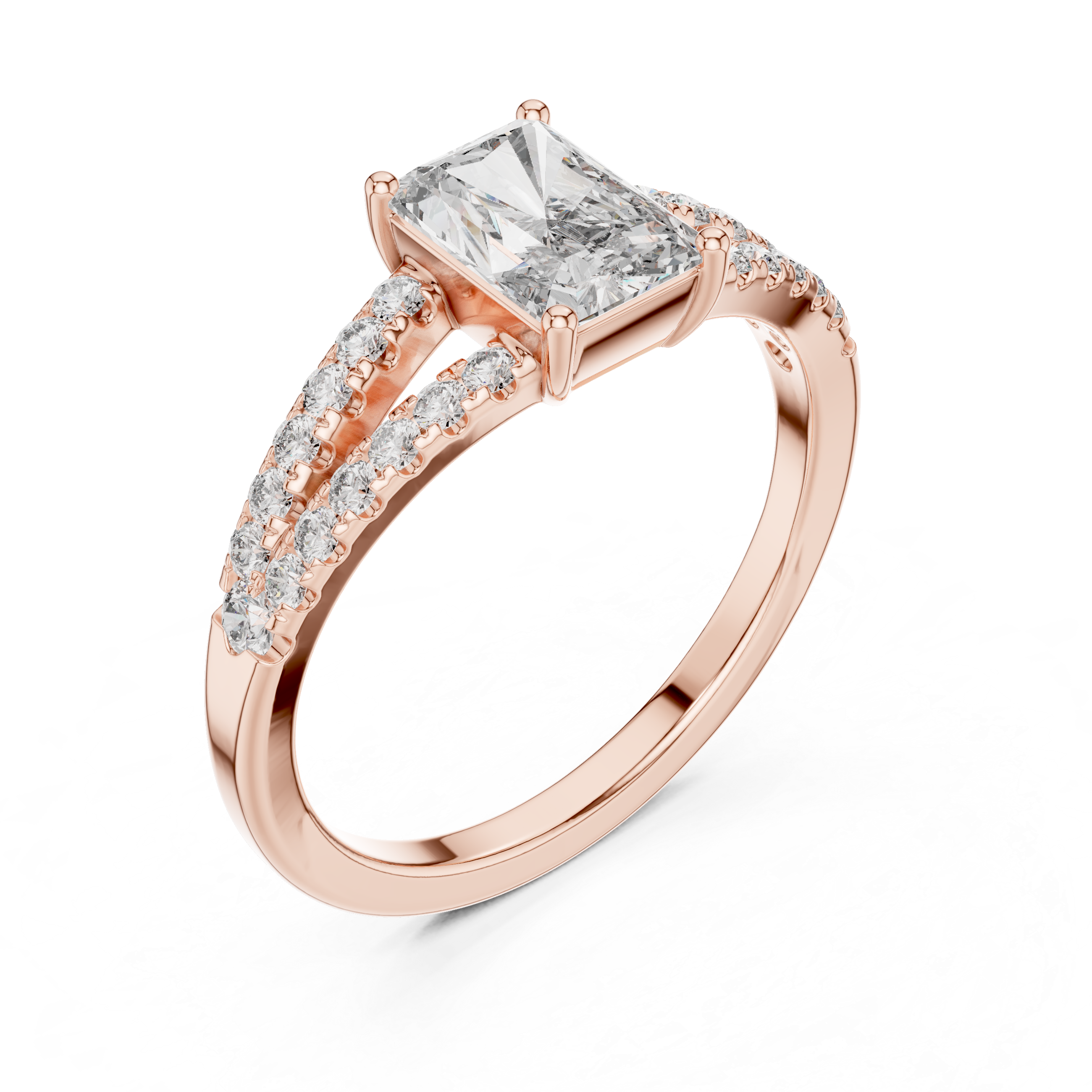 Radiant Cut Diamond Solitaire Ring with Split Shank Side Stones