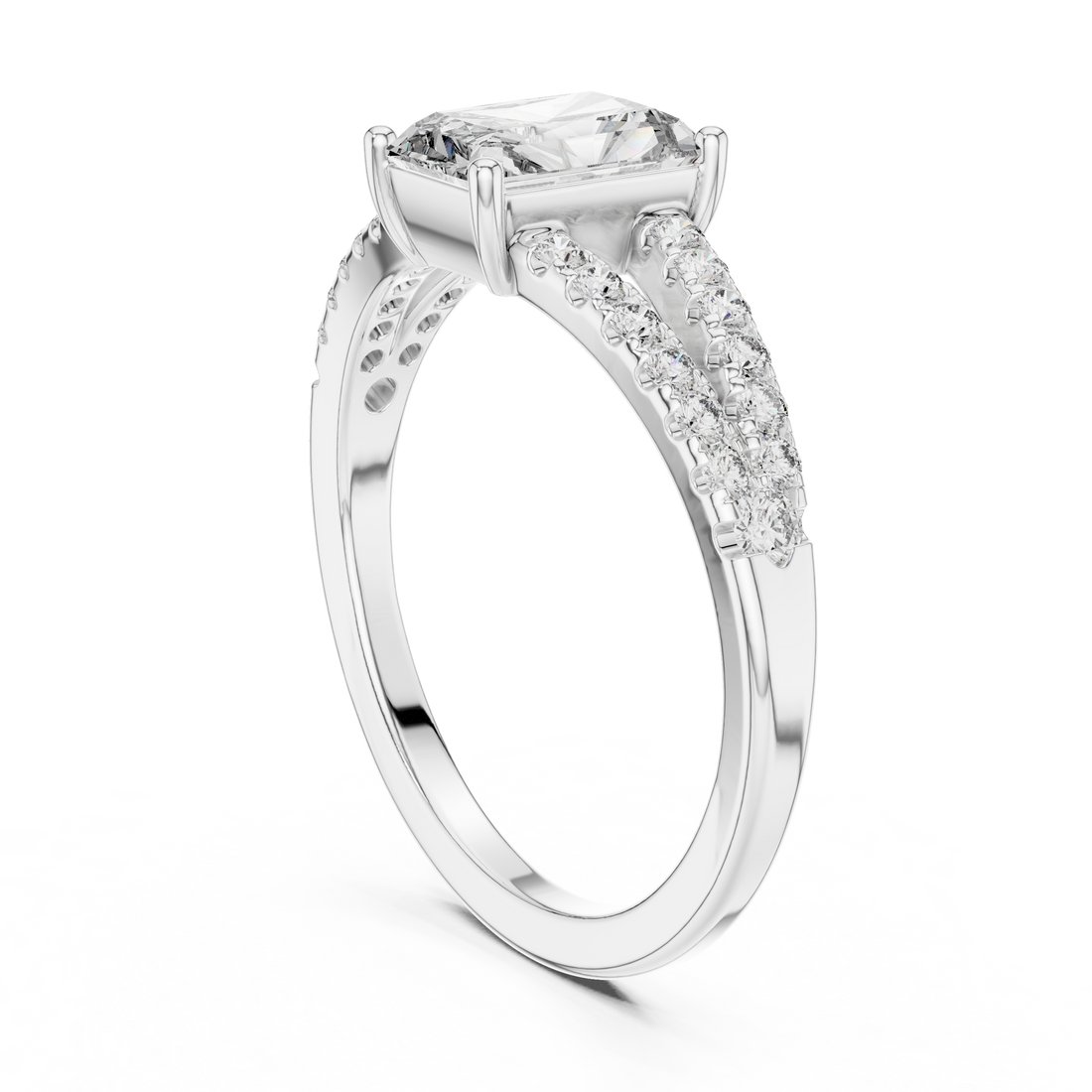 Radiant Cut Diamond Solitaire Ring with Split Shank Side Stones