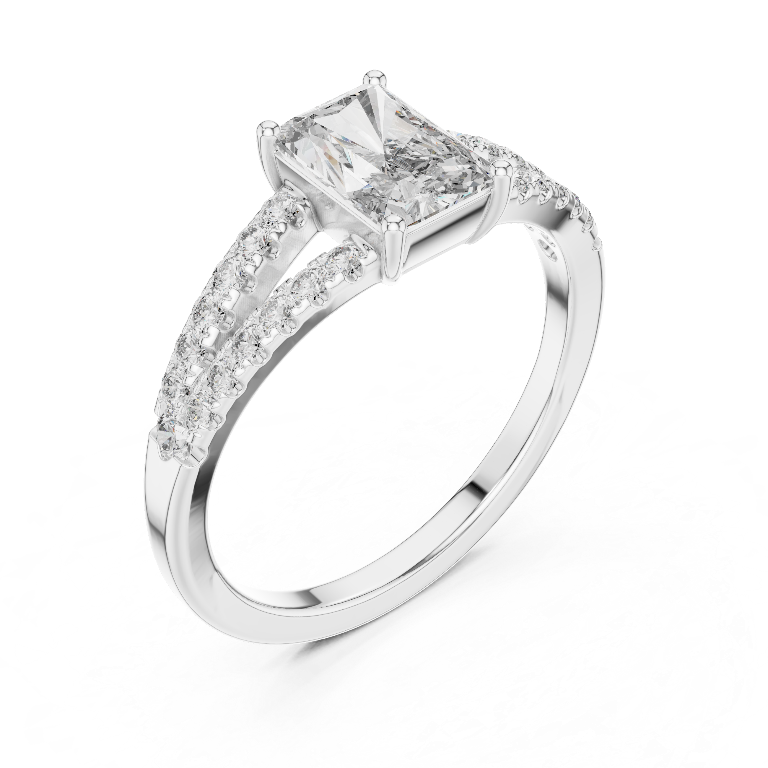 Radiant Cut Diamond Solitaire Ring with Split Shank Side Stones
