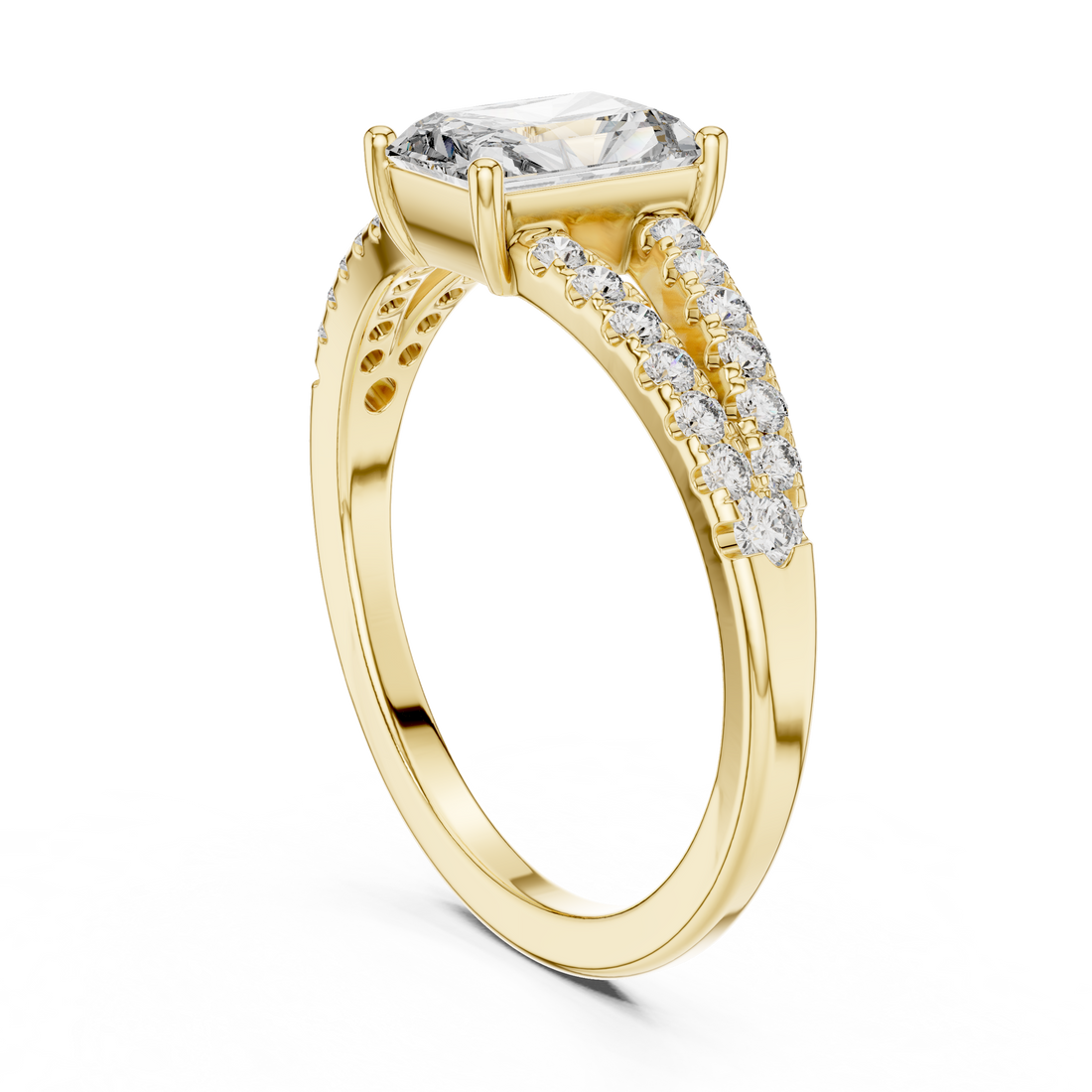 Radiant Cut Diamond Solitaire Ring with Split Shank Side Stones