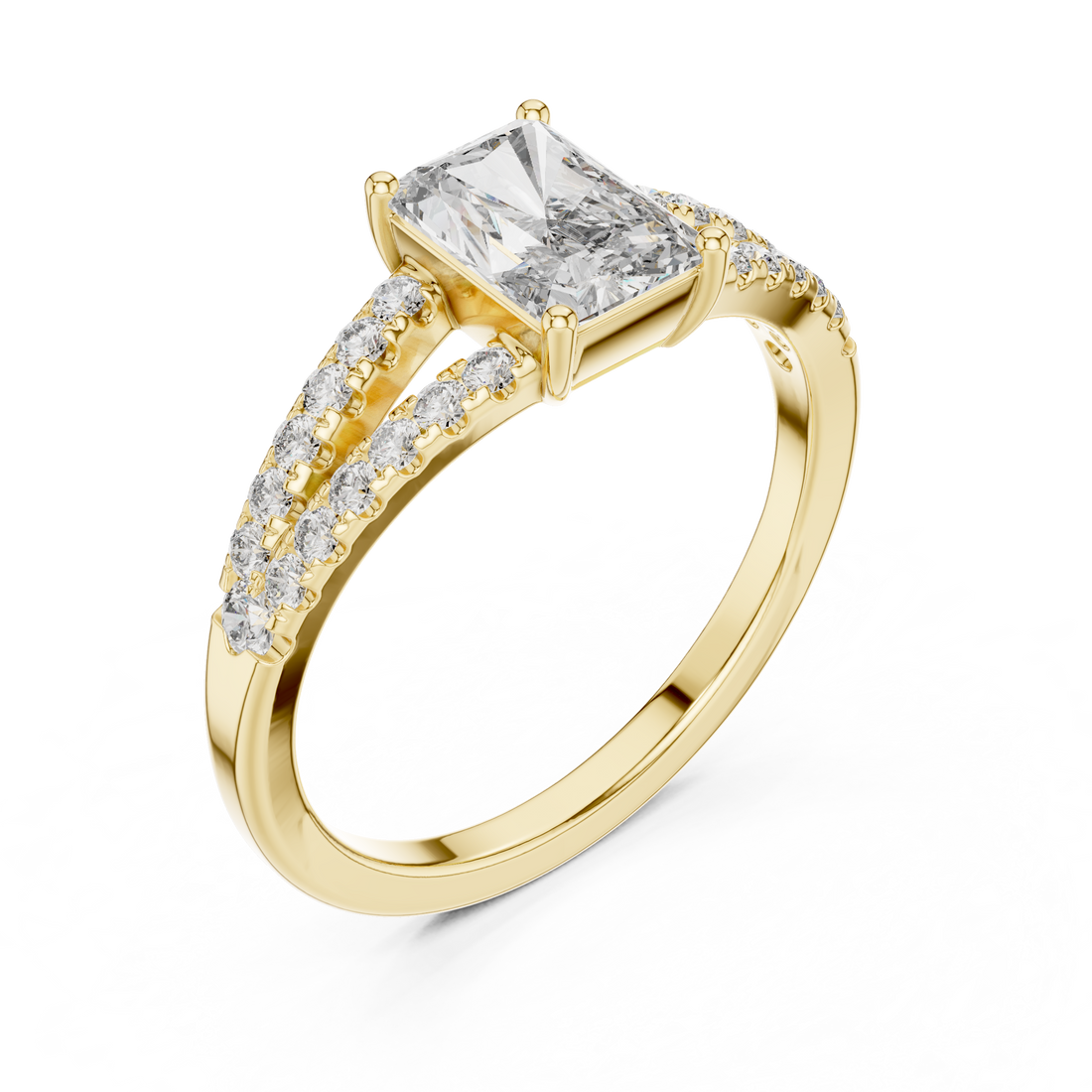 Radiant Cut Diamond Solitaire Ring with Split Shank Side Stones