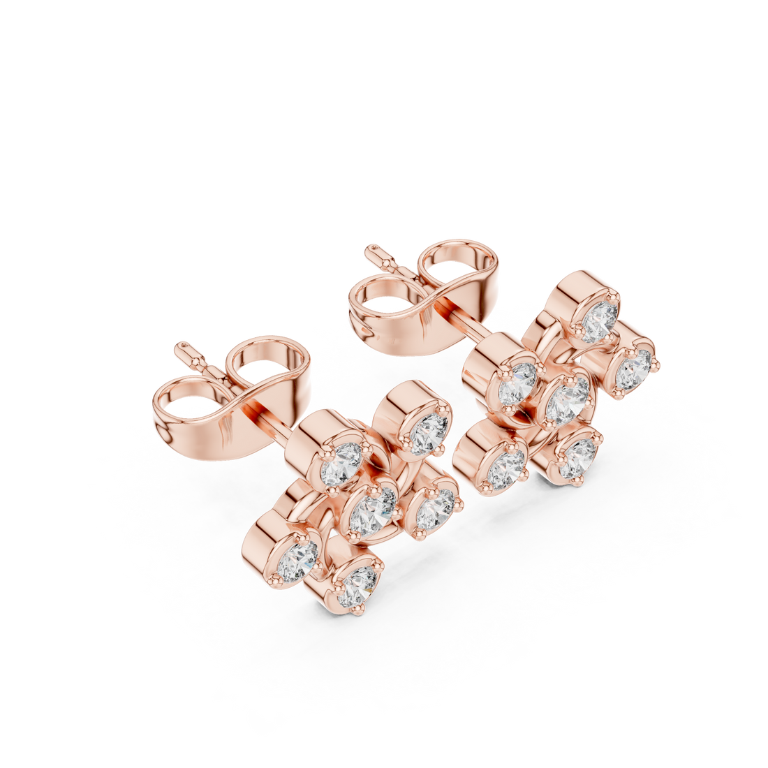 Round Cut Diamond Petite Swirled Floral Cluster Stud Earrings in Collet Setting