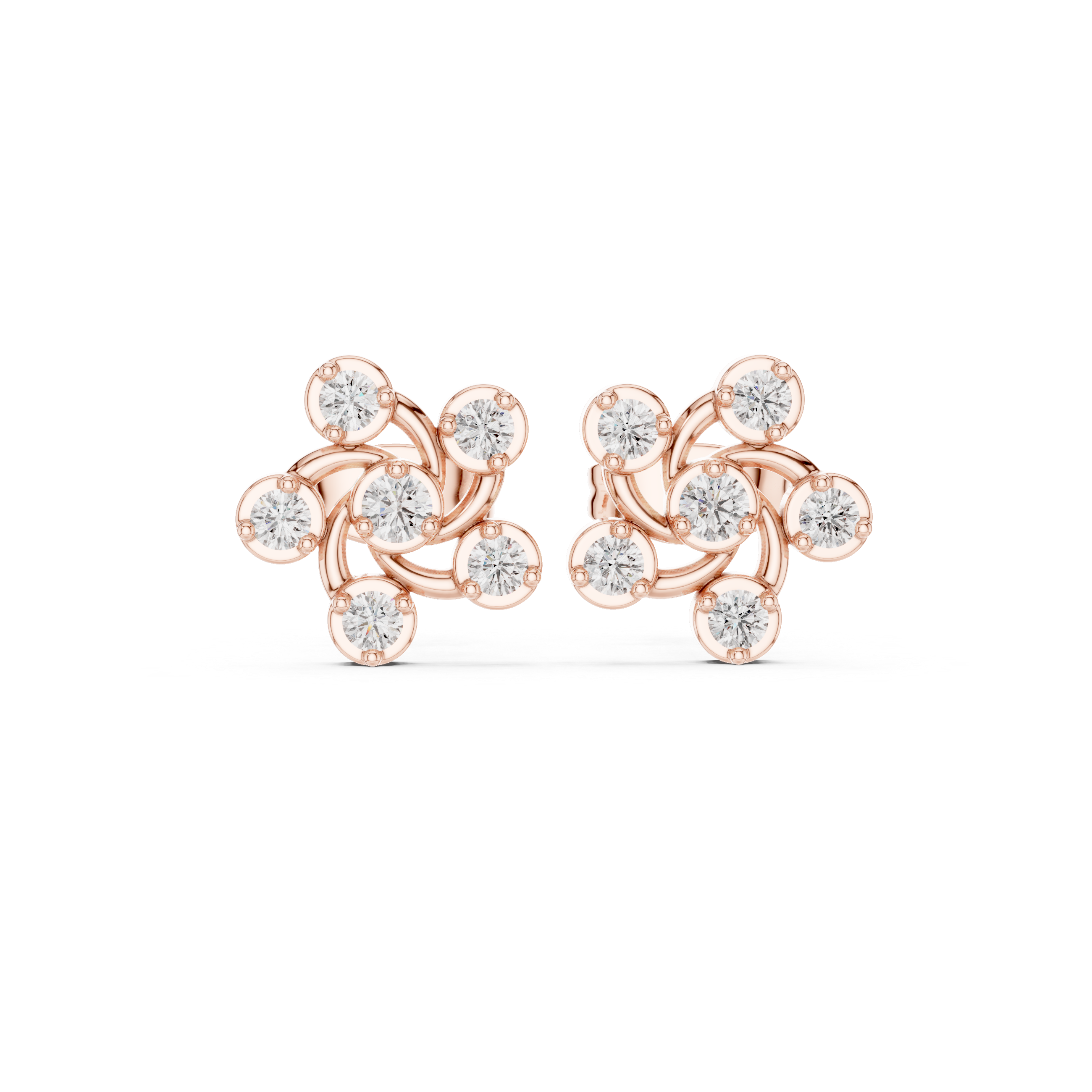 Round Cut Diamond Petite Swirled Floral Cluster Stud Earrings in Collet Setting