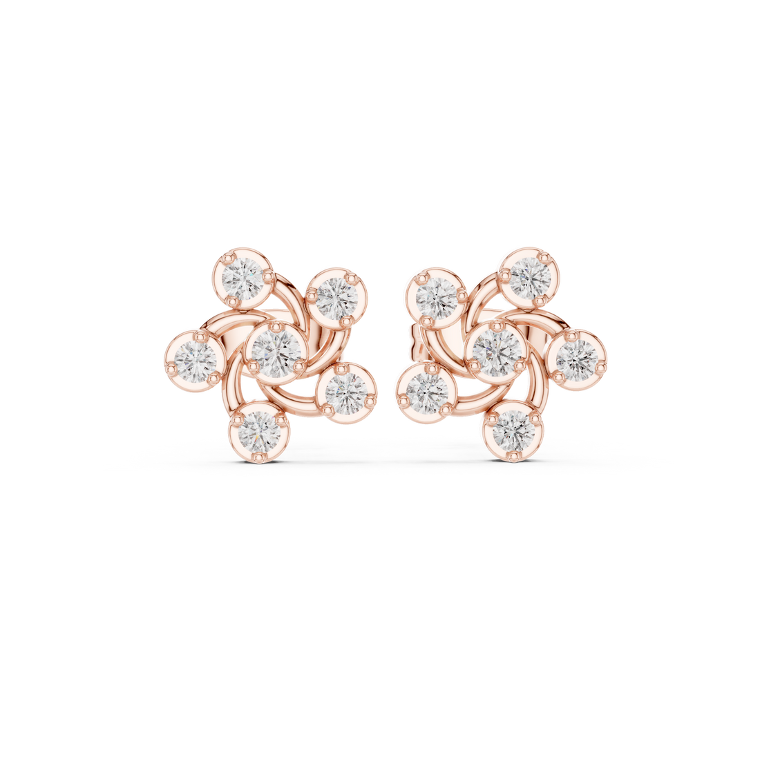 Round Cut Diamond Petite Swirled Floral Cluster Stud Earrings in Collet Setting