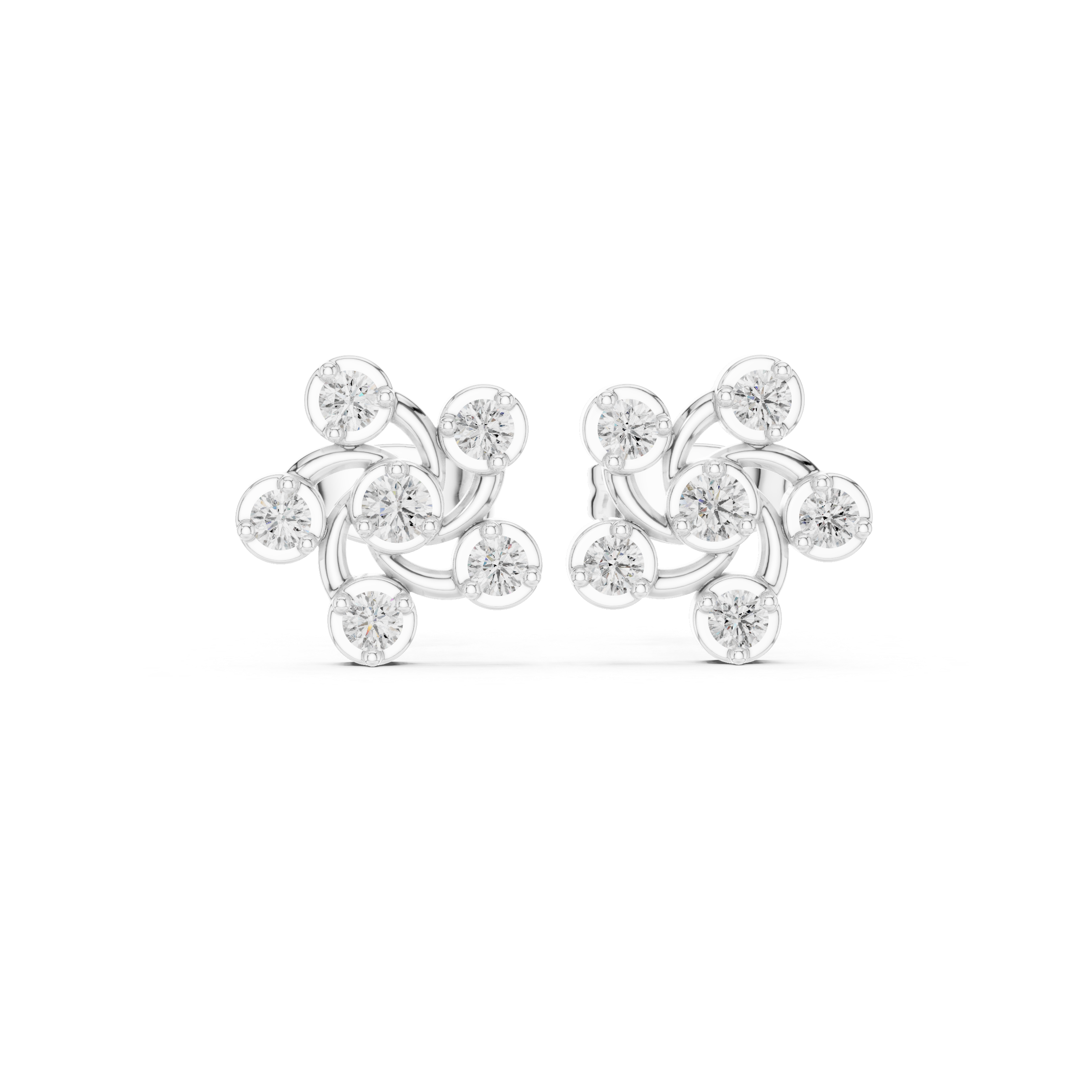 Round Cut Diamond Petite Swirled Floral Cluster Stud Earrings in Collet Setting