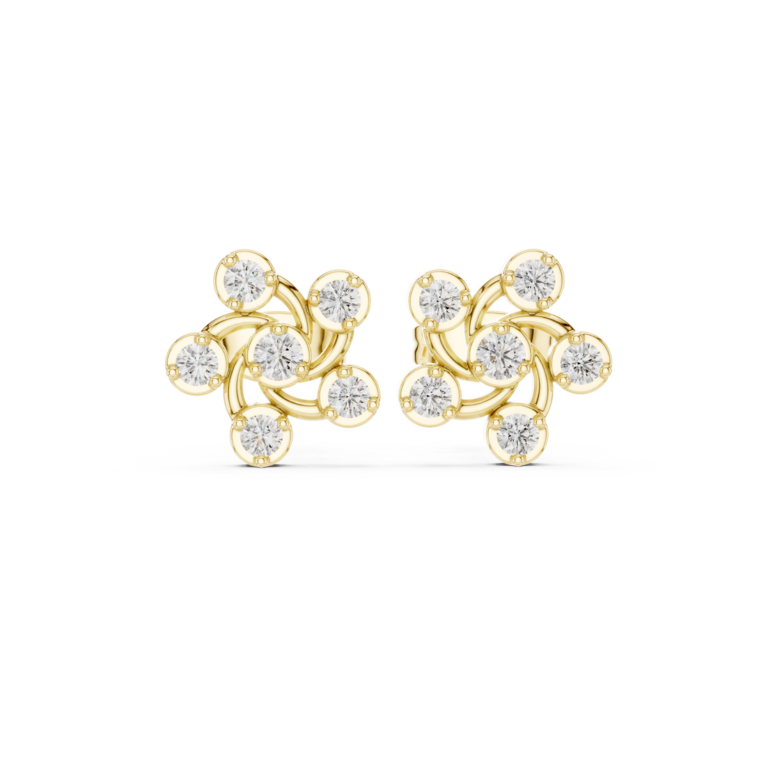Round Cut Diamond Petite Swirled Floral Cluster Stud Earrings in Collet Setting