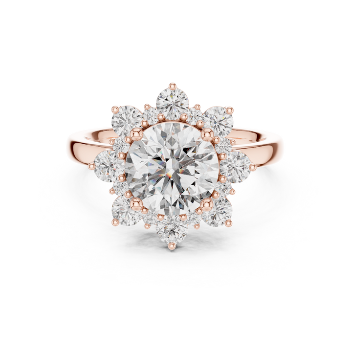 Round Cut Diamond Halo Engagement Ring with Floral Crown Setting