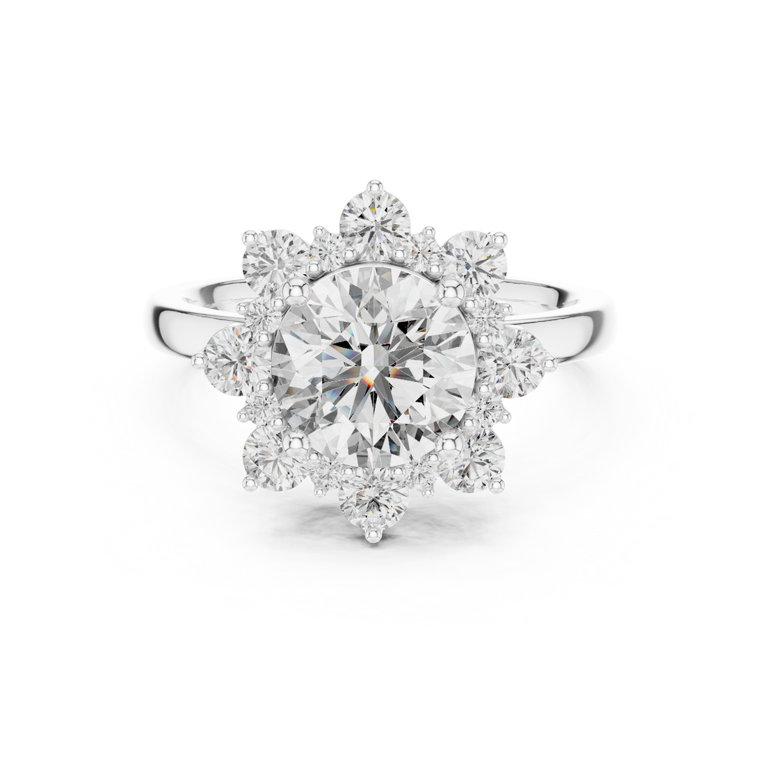 Round Cut Diamond Halo Engagement Ring with Floral Crown Setting