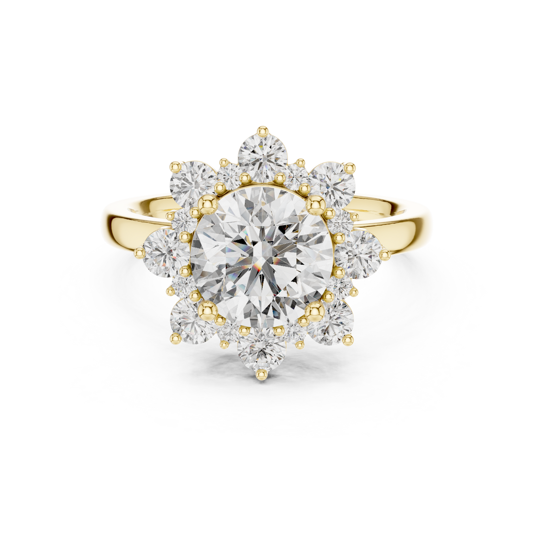 Round Cut Diamond Halo Engagement Ring with Floral Crown Setting