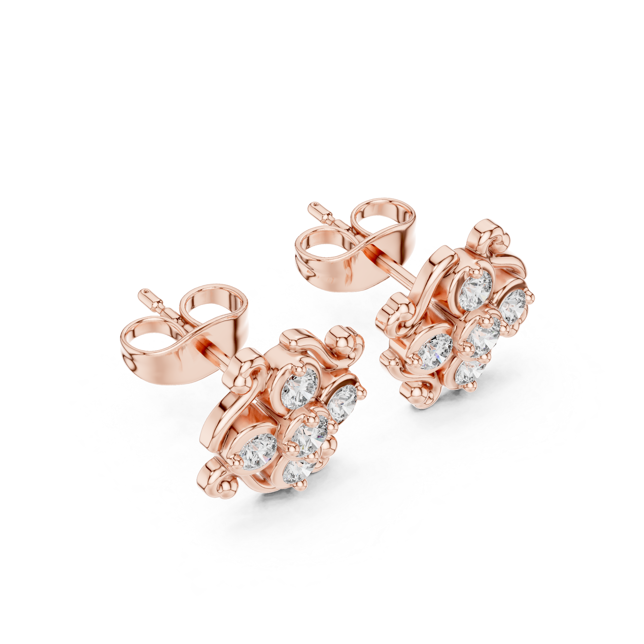 Round Cut Diamond Vintage Scroll Floral Cluster Stud Earrings with Collet Setting