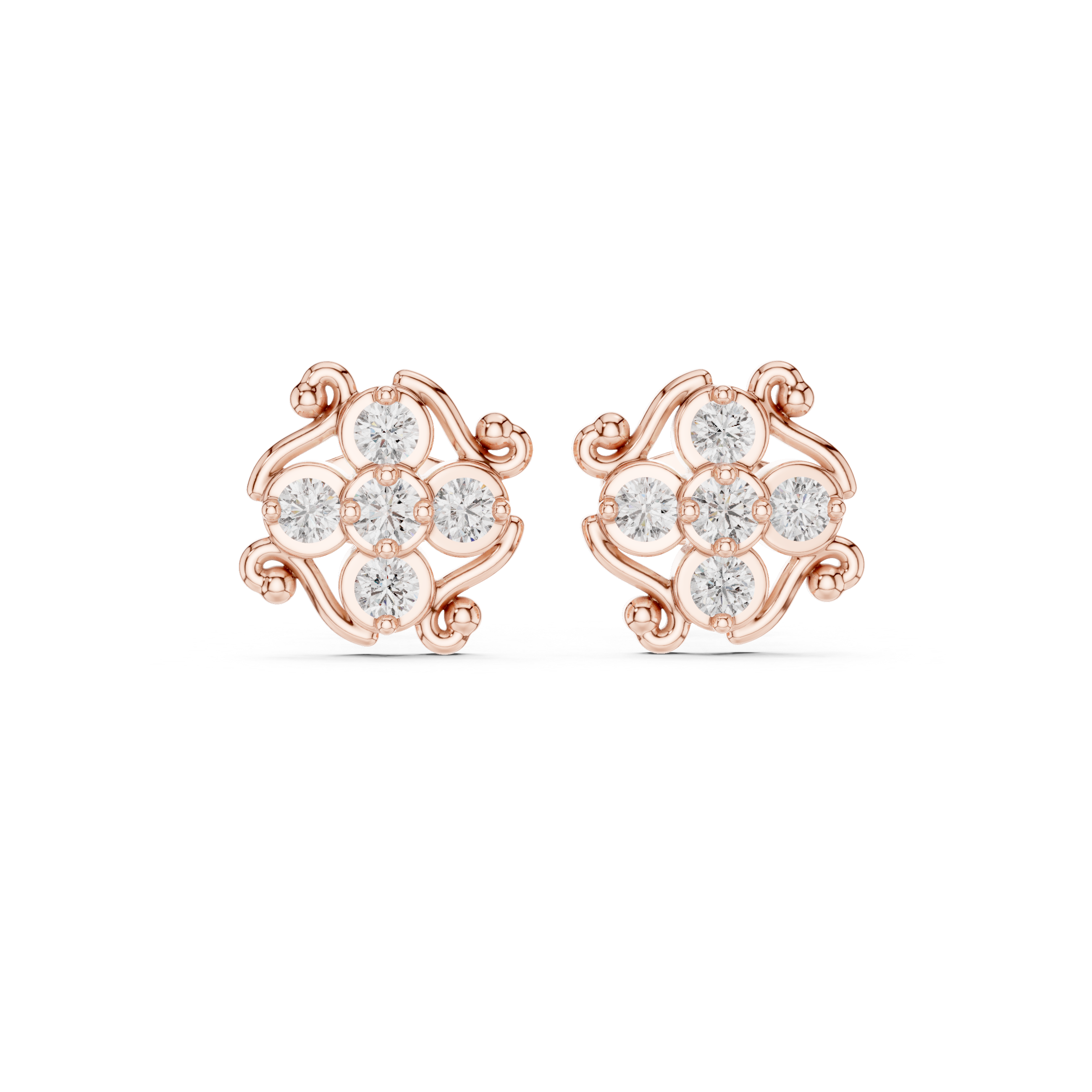 Round Cut Diamond Vintage Scroll Floral Cluster Stud Earrings with Collet Setting