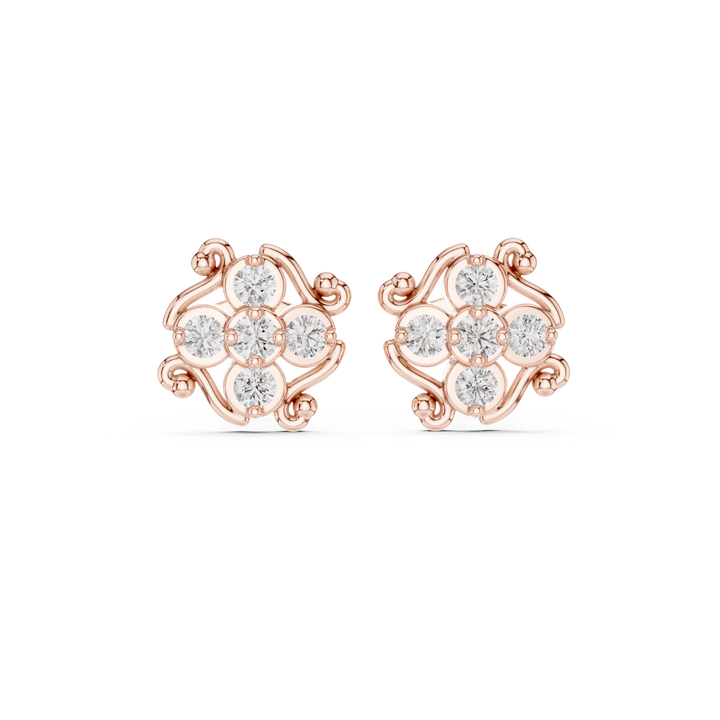 Round Cut Diamond Vintage Scroll Floral Cluster Stud Earrings with Collet Setting
