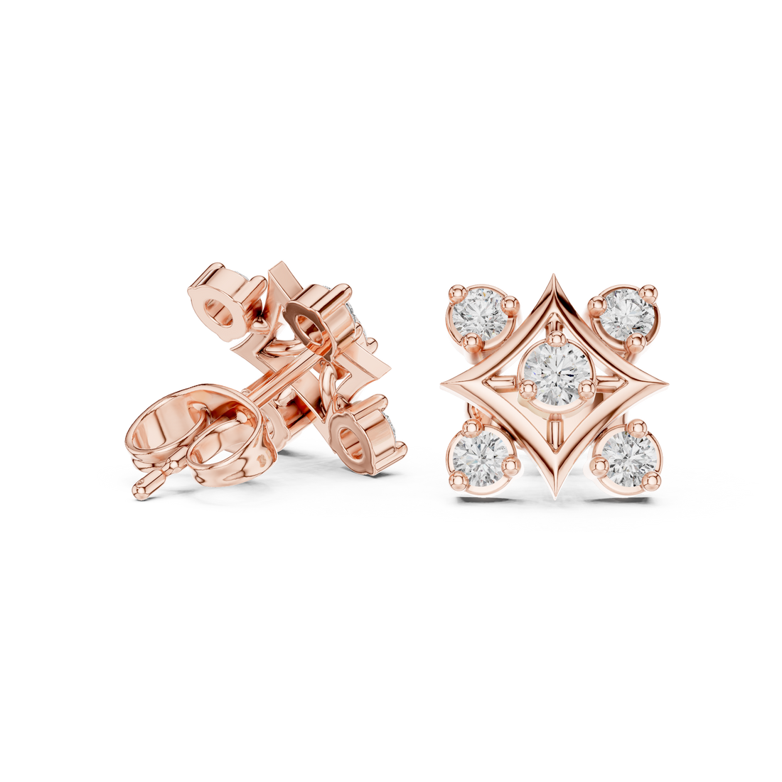 Round Cut Diamond Geometric Star Cluster Stud Earrings with Collet Setting