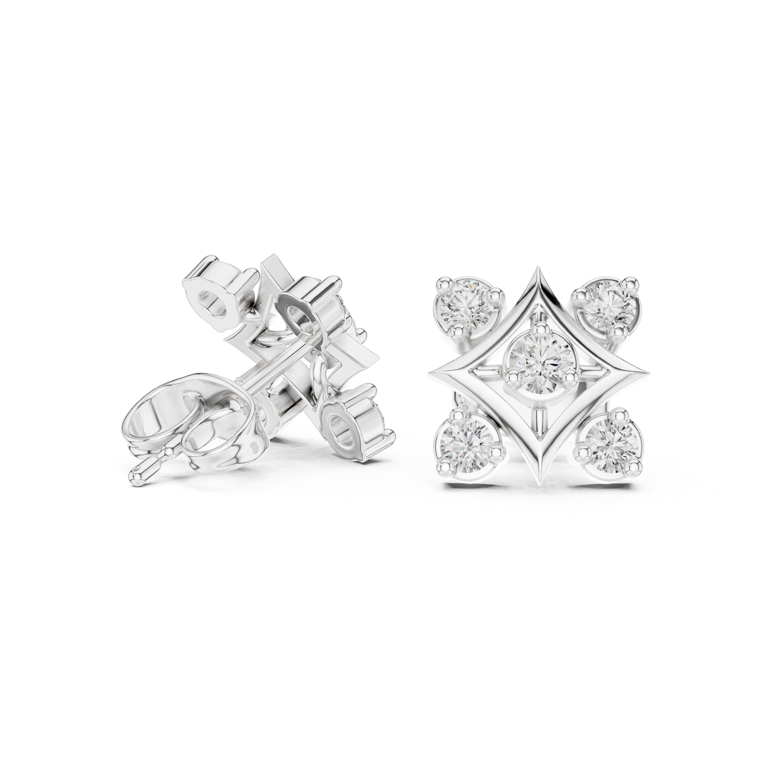 Round Cut Diamond Geometric Star Cluster Stud Earrings with Collet Setting