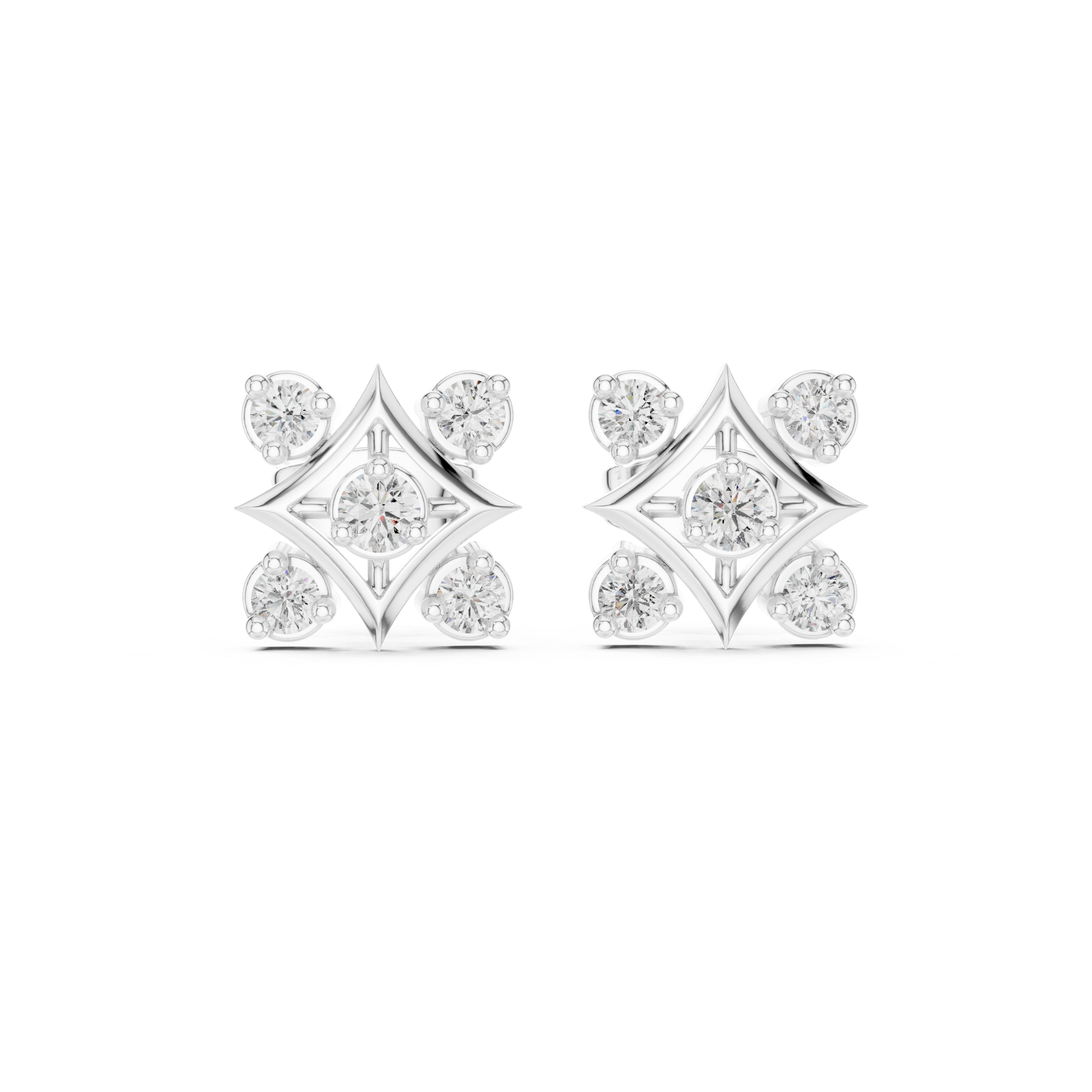 Round Cut Diamond Geometric Star Cluster Stud Earrings with Collet Setting