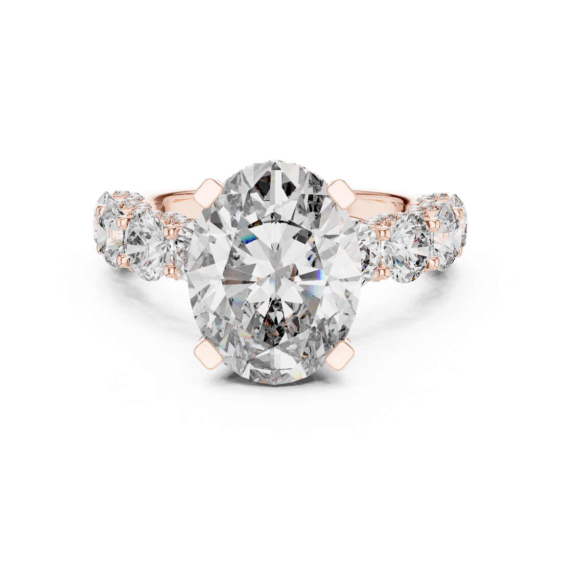 Oval Cut Diamond Side Stone Engagement Ring with Graduated Round Accents