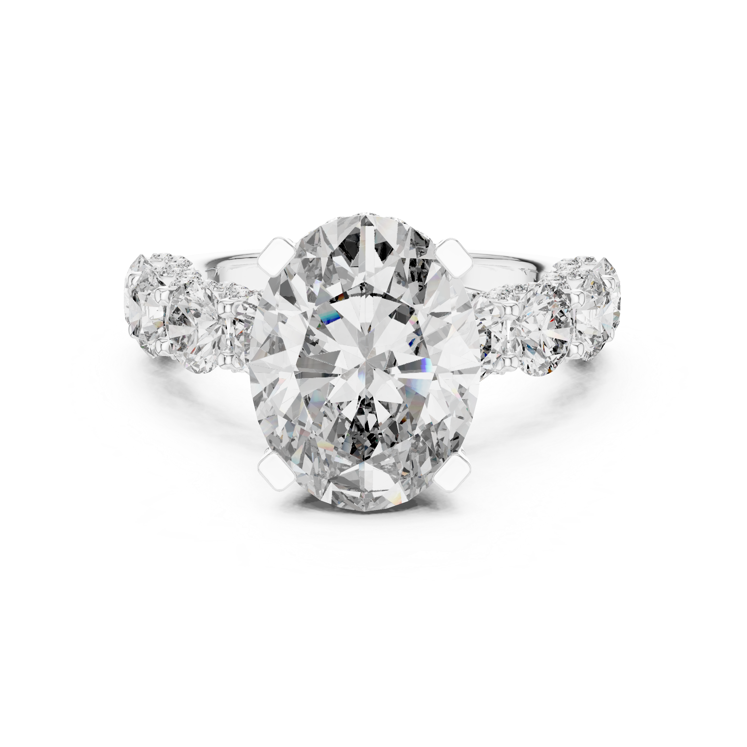Oval Cut Diamond Side Stone Engagement Ring with Graduated Round Accents
