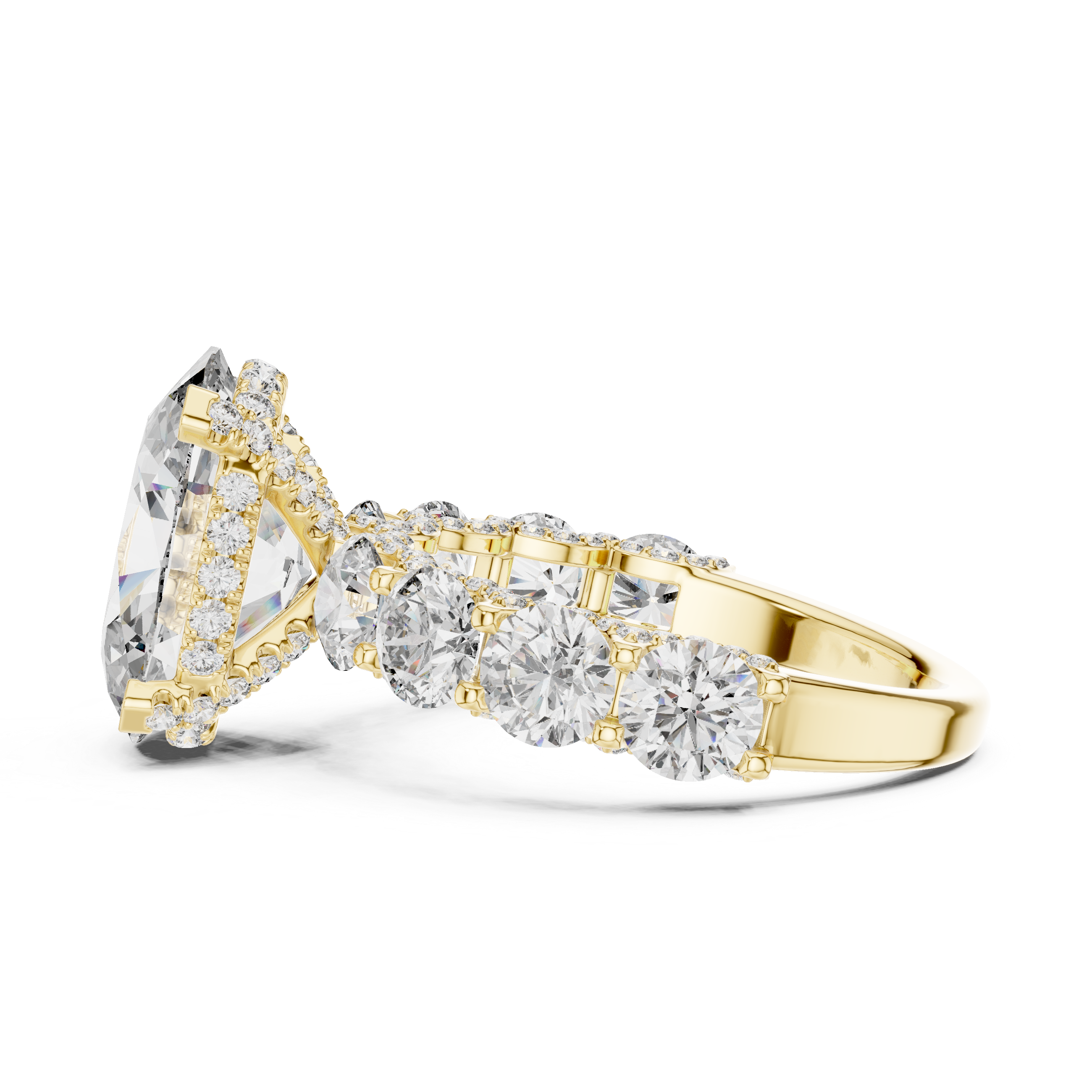 Oval Cut Diamond Side Stone Engagement Ring with Graduated Round Accents