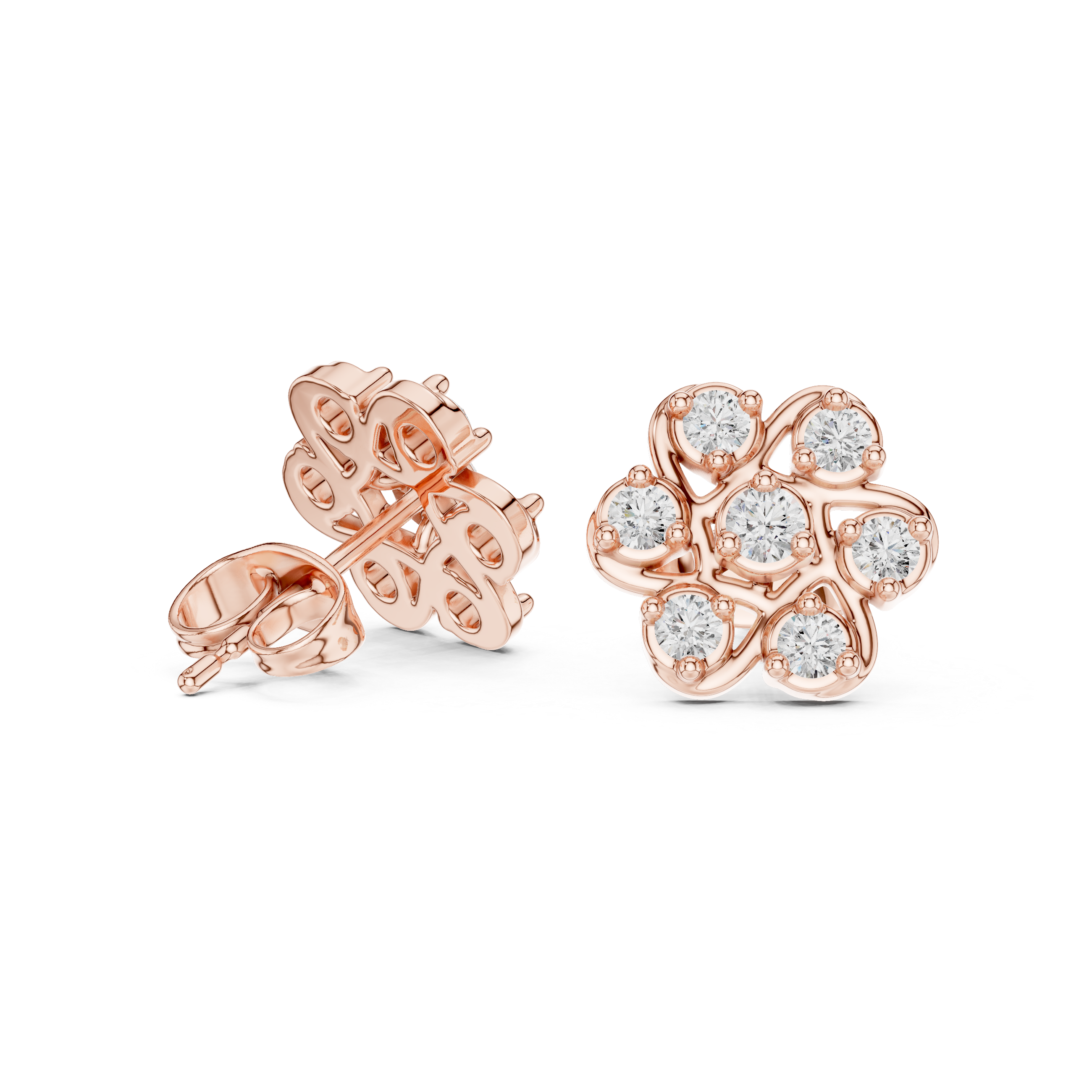 Round Cut Diamond Openwork Floral Cluster Stud Earrings in Collet Setting
