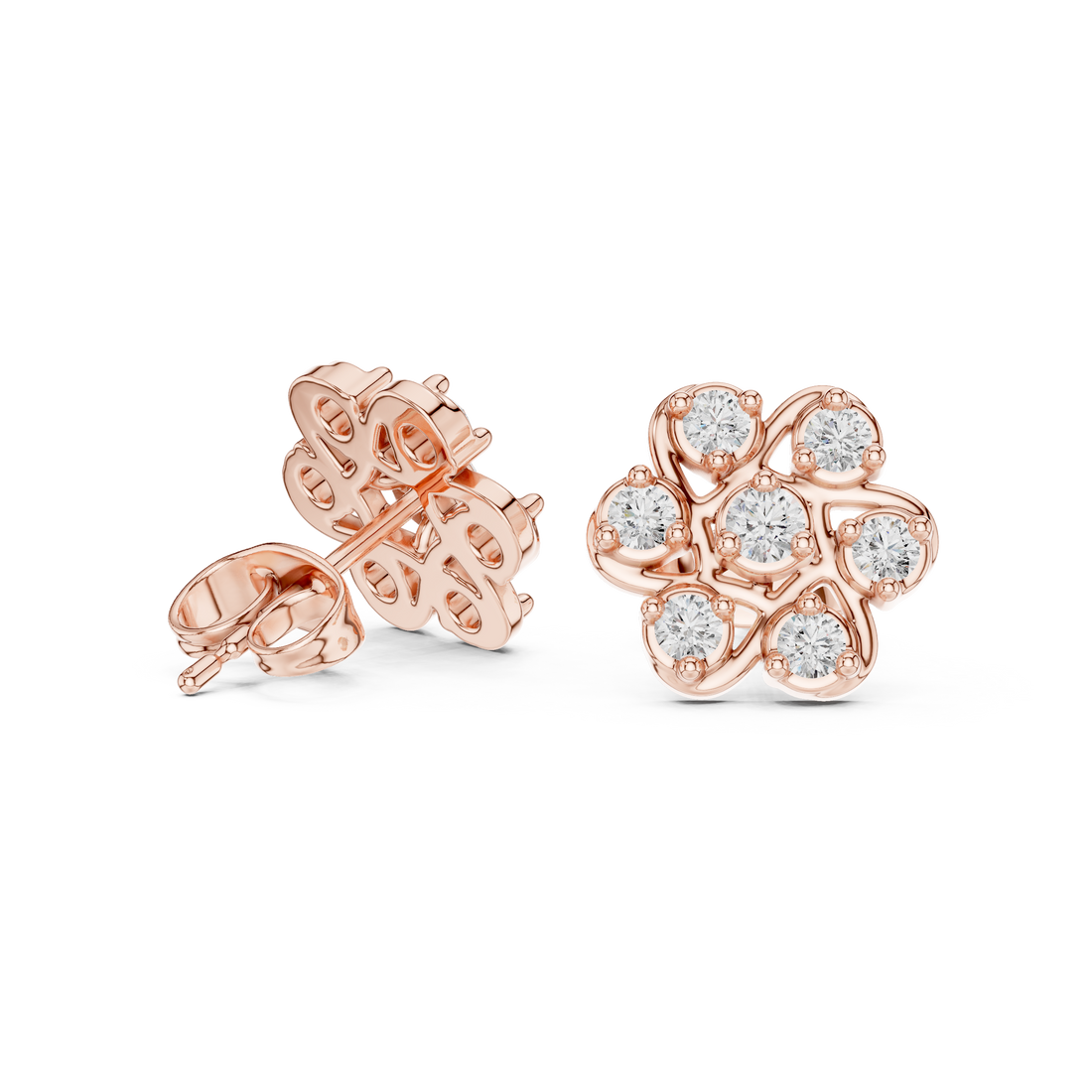 Round Cut Diamond Openwork Floral Cluster Stud Earrings in Collet Setting