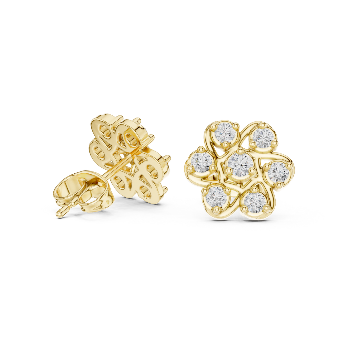 Round Cut Diamond Openwork Floral Cluster Stud Earrings in Collet Setting