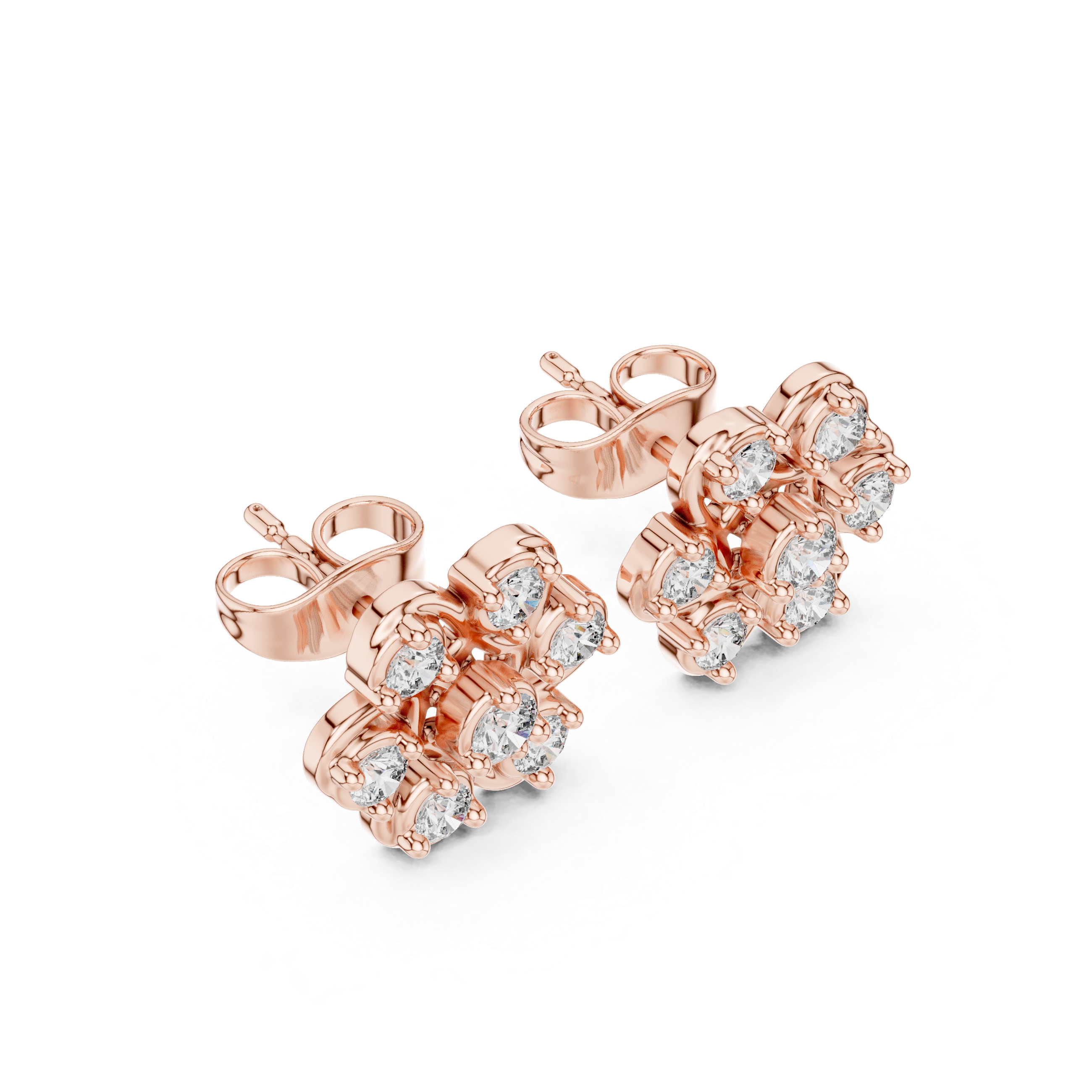 Round Cut Diamond Openwork Floral Cluster Stud Earrings in Collet Setting